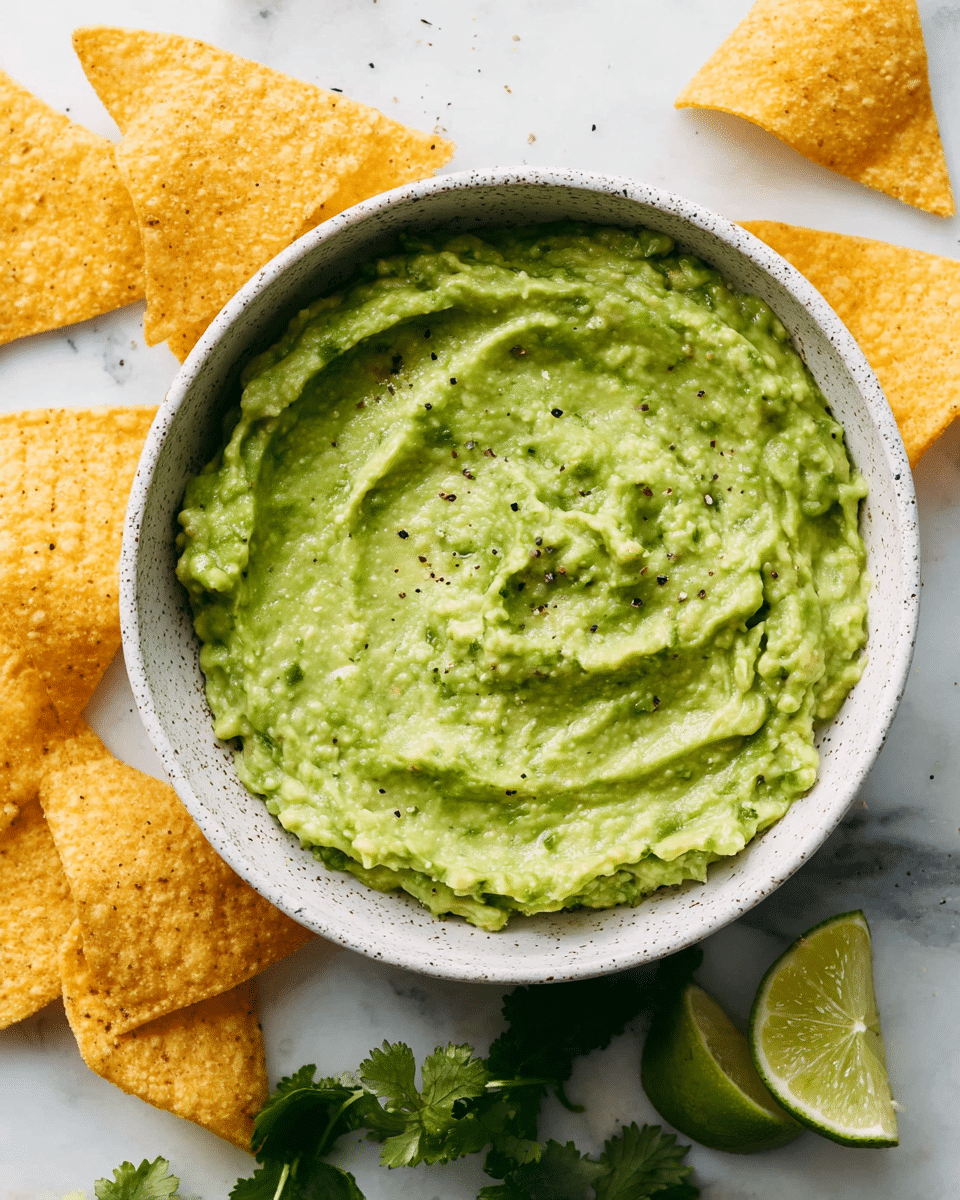 A white speckled bowl filled with smooth and creamy mashed guacamole, showing light and dark green colors with a slightly chunky texture and small black specks of seasoning on top. Around the bowl are several triangular, golden yellow tortilla chips with a crispy texture placed on a white marbled surface. Near the bottom right corner, there are a few wedges of fresh lime, bright green with visible juice droplets and some black seasoning sprinkled on them. Fresh green cilantro leaves peek out from the bottom left. Photo taken with an iphone --ar 4:5 --v 7