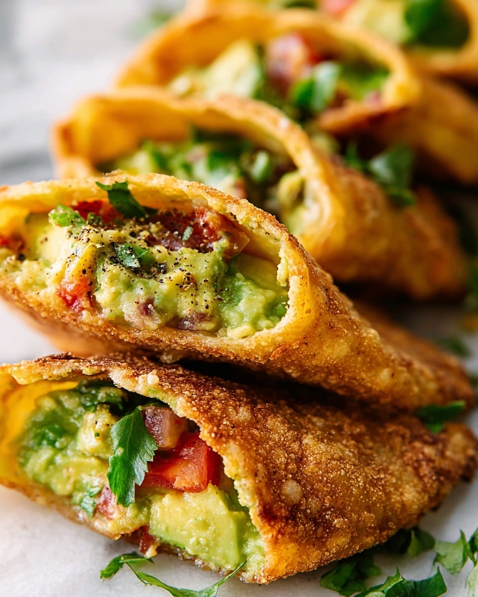The image shows a close-up of crispy, golden-brown fried tacos cut in half to reveal their filling. Each taco has a crunchy outer shell with a rough texture, showing a warm golden color. Inside, there are layers of green guacamole with chunky mashed avocado, pieces of bright red tomato, and fresh green cilantro leaves scattered on top. The filling looks creamy and slightly chunky with black pepper specks adding contrast. The tacos are placed on a white marbled surface, creating a fresh and clean background. photo taken with an iphone --ar 4:5 --v 7