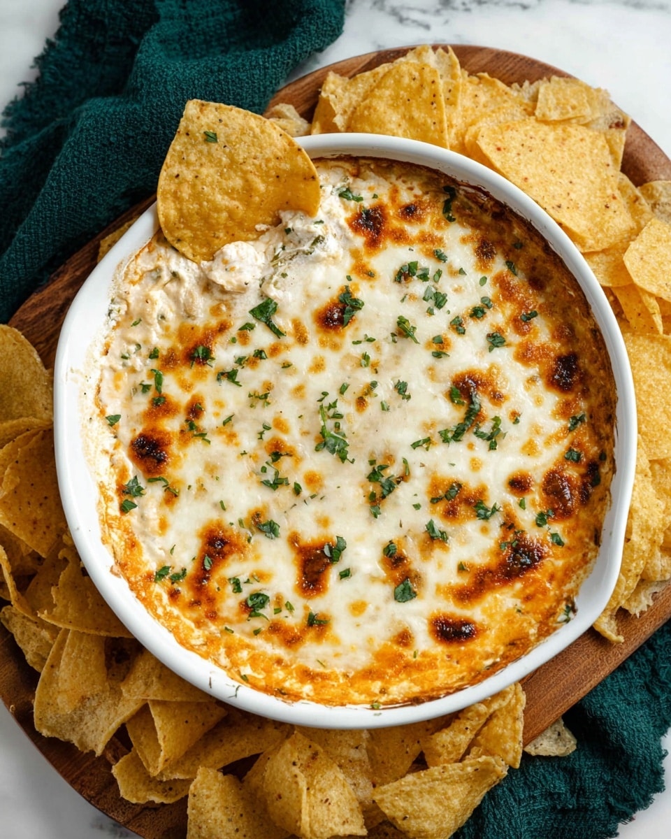 A round white baking dish filled with a creamy, baked dip that has a golden orange base layer and a top layer of melted, bubbly white cheese with browned spots. The surface is sprinkled with finely chopped green herbs, adding color contrast. Two light tan tortilla chips are dipped into the center of the dish, showing the creamy white texture of the dip inside. The dish rests on a wooden board, surrounded by more tan tortilla chips on a white marbled texture. A dark green cloth is partly visible beneath the board. Photo taken with an iphone --ar 4:5 --v 7