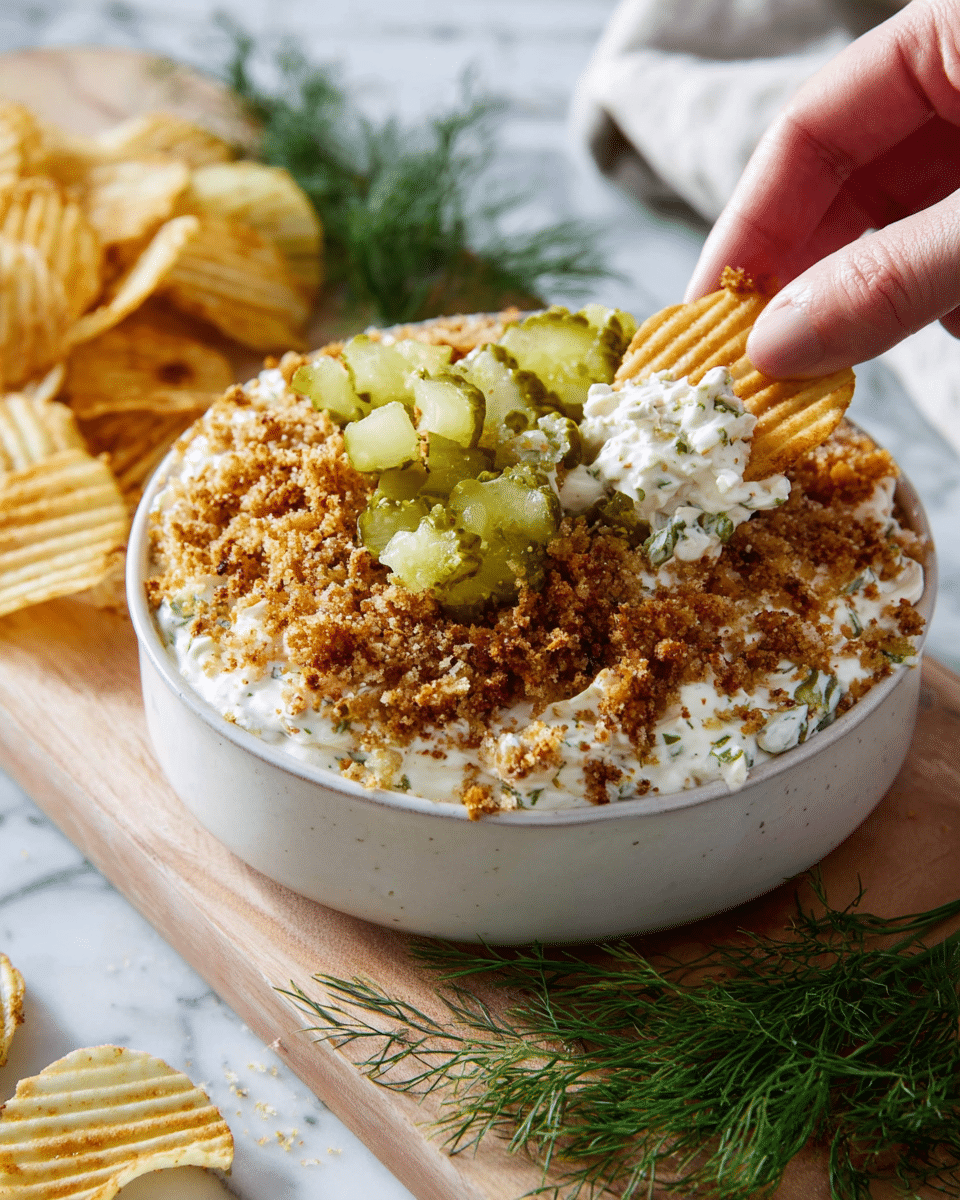 A white bowl holds a dip with three layers visible: the bottom layer is creamy white, the middle layer is covered with a rough, golden-brown crumb topping, and the top layer has small green pickle pieces scattered around. A woman's hand is dipping a ridged potato chip into the mixture, showing the creamy white dip mixed with crumbs and pickles on the chip. The scene is set on a light wooden board with some fresh dill sprigs and extra potato chips nearby, all on a white marbled surface. photo taken with an iphone --ar 4:5 --v 7