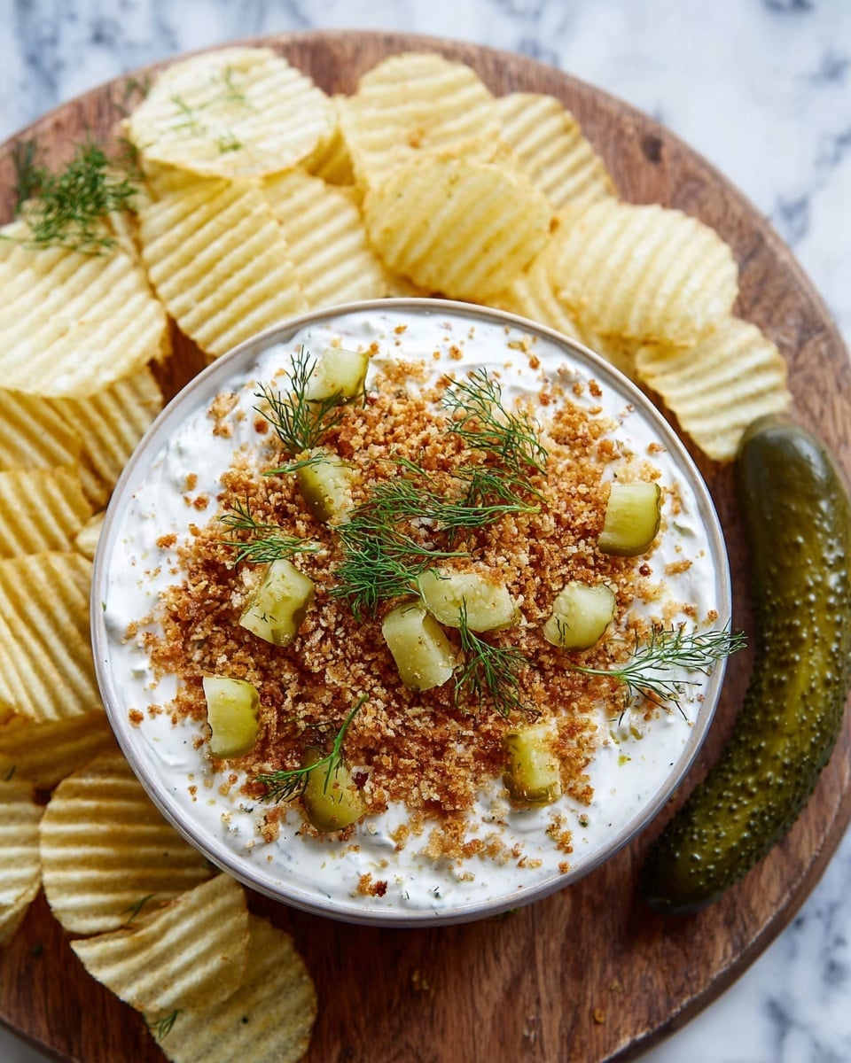 A round white bowl filled with a creamy white dip layer at the bottom, topped with a layer of crispy golden brown crumbs, and garnished with small light green pickle pieces and delicate sprigs of fresh dill scattered on top. The bowl sits on a wooden board surrounded by large, ridged potato chips in pale yellow and an uncut dark green pickle beside the bowl, all set on a white marbled surface. Photo taken with an iphone --ar 4:5 --v 7
