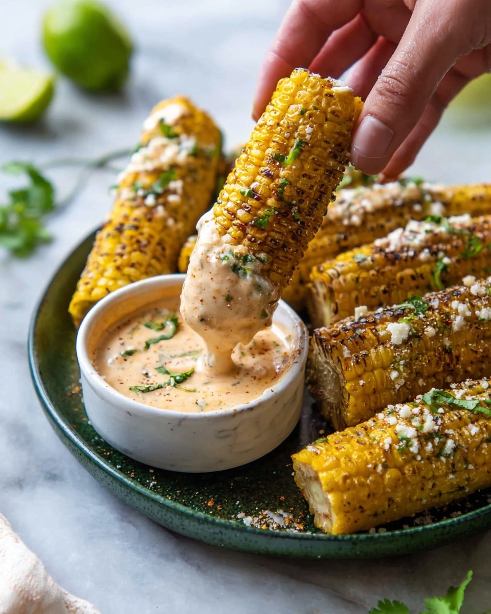 A white bowl filled with creamy, light orange sauce with small green herb and spice flecks sits on a dark green plate. On the plate, there are six grilled corn on the cob pieces arranged in a fan shape, each cob golden yellow with a slight char, coated in a creamy sauce, sprinkled with white crumbly cheese and green chopped herbs. A woman's hand is dipping one bright yellow corn cob, with visible texture from the kernels, into the sauce, lifting it up. The background is a soft white marbled surface with a piece of lime and some green leaves blurred in the distance. Photo taken with an iphone --ar 4:5 --v 7