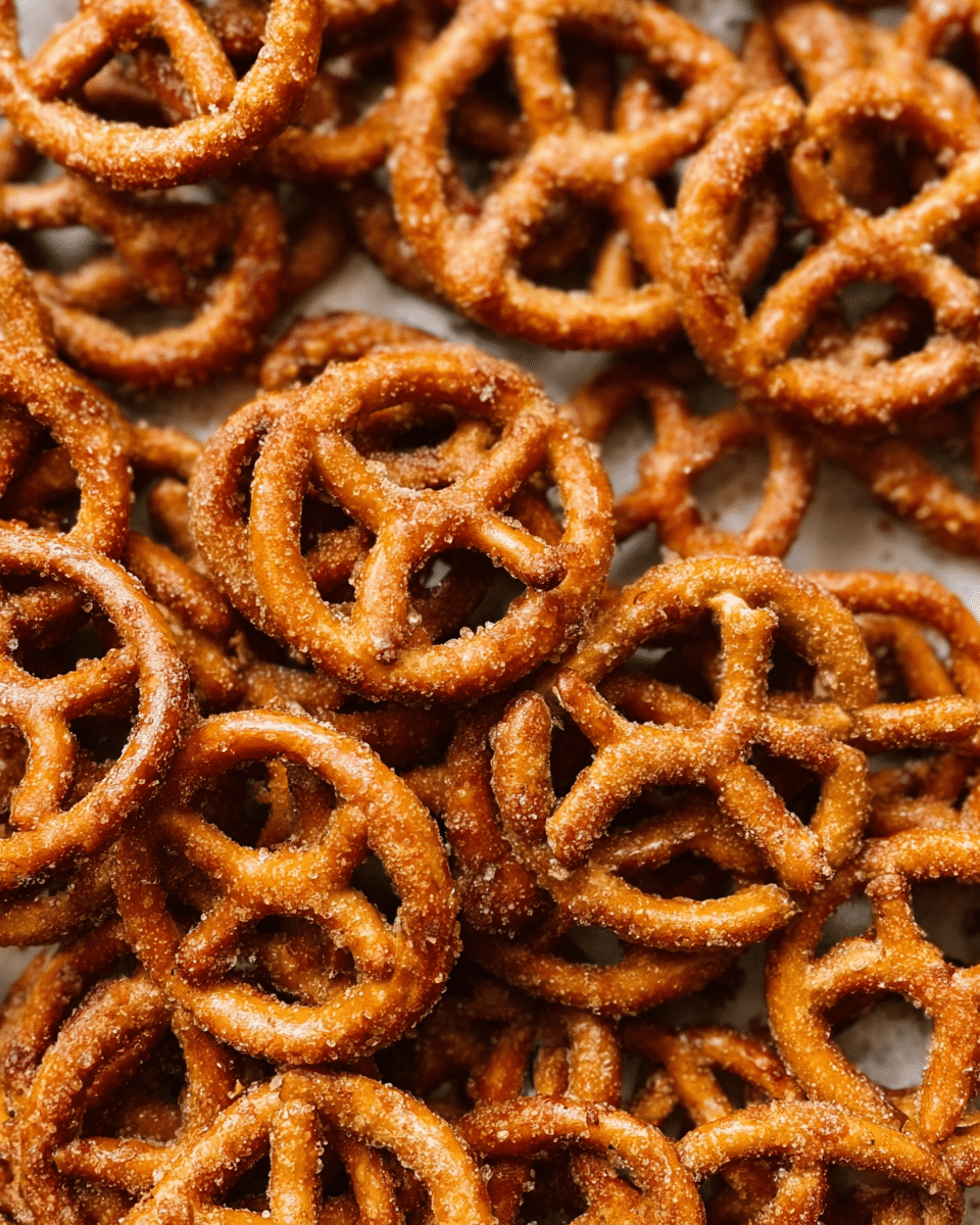 The image shows many small pretzels tightly packed together, each with a golden brown color and a rough texture covered in a light layer of granulated seasoning, possibly sugar or salt. The pretzels have a traditional knotted shape with three holes, and their surface looks crunchy with some darker toasted edges. The background is a white marbled texture that contrasts with the warm tones of the pretzels. photo taken with an iphone --ar 4:5 --v 7