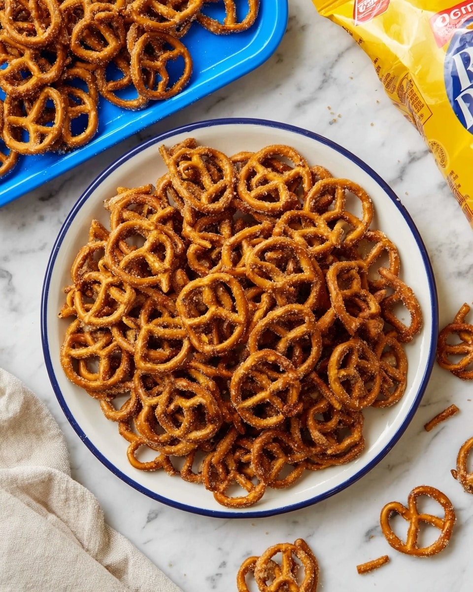 A white plate with a thin blue rim is filled with a large pile of golden brown pretzels covered lightly in cinnamon sugar, showcasing their crunchy texture. Around the plate, there are a few scattered pretzels and a white marbled surface underneath. In the top left corner, there is a blue tray with more cinnamon sugar pretzels spread out. To the right, there is a partially visible yellow and white bag of pretzels leaning against the blue tray. A soft, light-colored cloth is partially visible in the lower left corner. photo taken with an iphone --ar 4:5 --v 7