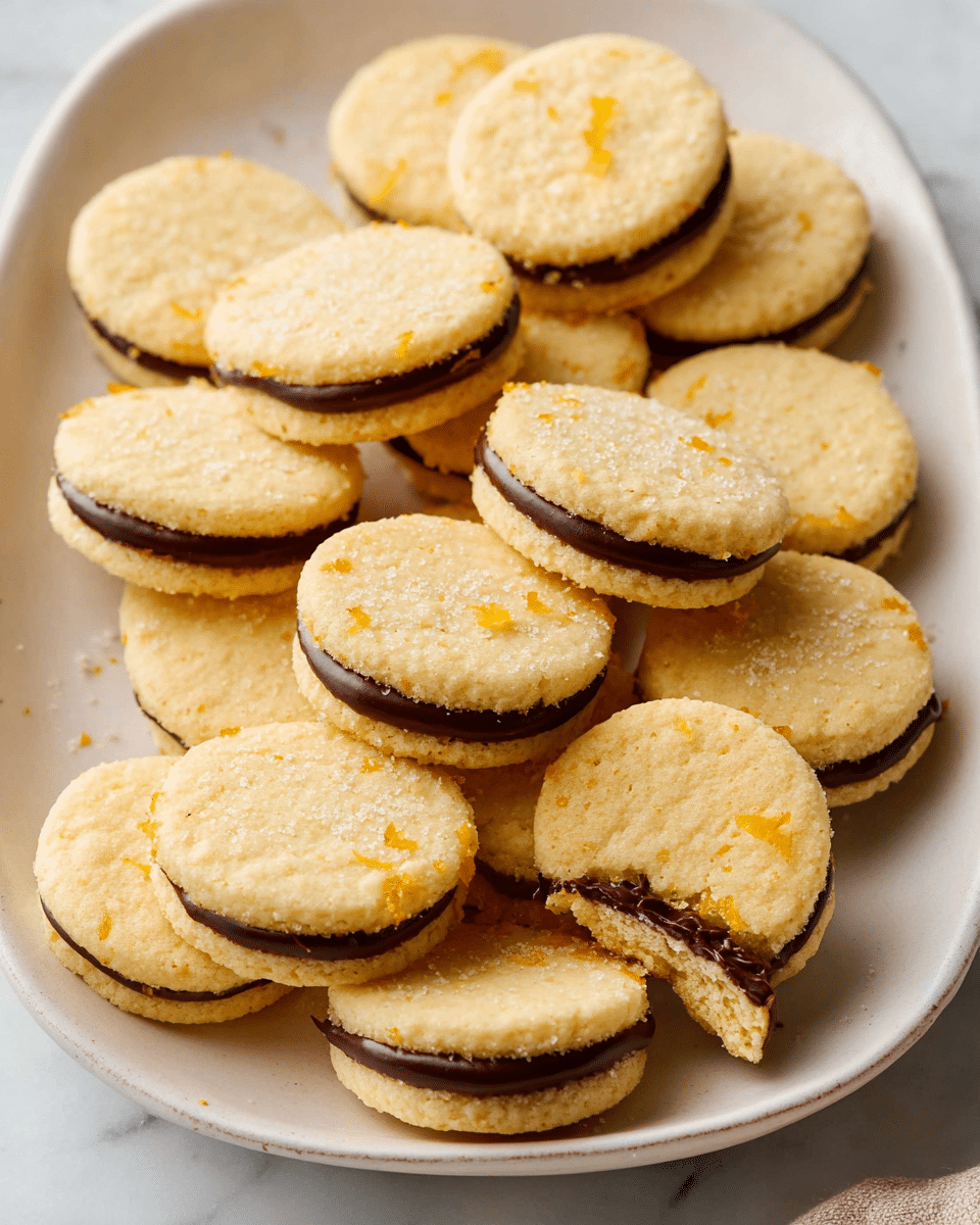 A white oval plate filled with about twenty small round sandwich cookies, each made of two pale golden-yellow biscuit layers with a slightly rough texture, sprinkled with tiny bits of orange zest and sugar on top, sandwiching a smooth dark chocolate filling visible in the sides; one cookie near the center is bitten showing the contrast between the soft outer biscuit and thick chocolate inside. The plate sits on a white marbled surface. photo taken with an iphone --ar 4:5 --v 7