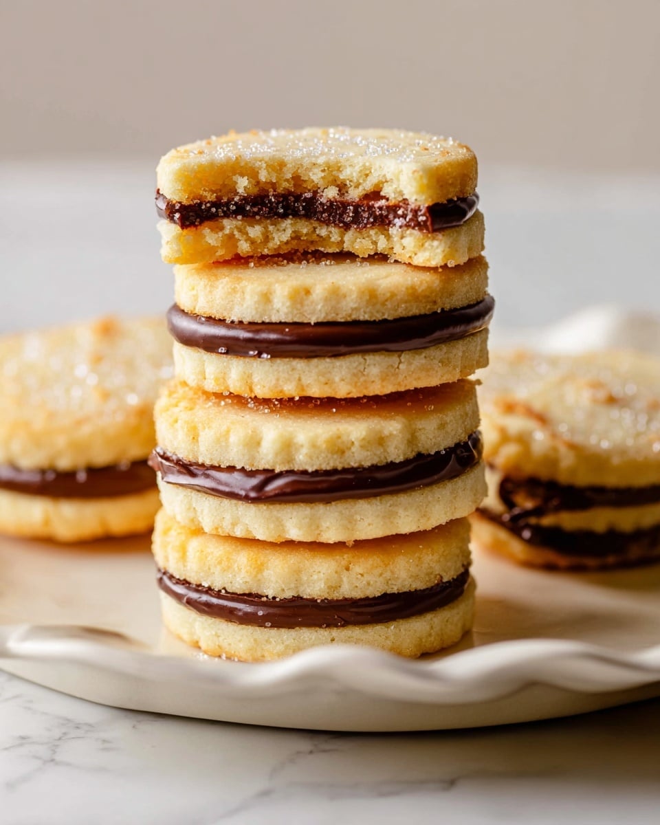 A stack of five round sandwich cookies is shown on a white plate with a wavy edge, set on a white marbled surface. Each cookie has two light golden, crumbly layers with a smooth, dark chocolate filling in between. The top cookie in the stack has a bite taken out, revealing the soft texture of the cookie and the thick chocolate layer. Next to the stack, two more cookies lie flat, showing the same creamy dark chocolate filling. The top of the cookies has tiny sparkling sugar crystals, adding a slight shimmer. photo taken with an iphone --ar 4:5 --v 7