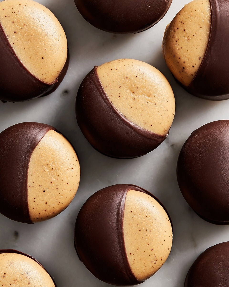 The image shows several round treats with two layers: a smooth, glossy dark brown chocolate layer covering most of the round shape and a light beige, creamy peanut butter layer exposed on top, creating a half-covered look. The peanut butter layer has a soft, slightly textured surface with small specks, while the chocolate has a shiny, solid finish. These treats are placed closely together on a flat white marbled surface, viewed from above with no other objects in the frame. photo taken with an iphone --ar 4:5 --v 7