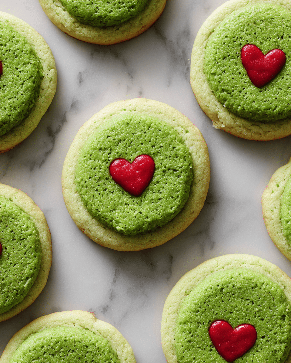 The image shows several round, green cookies scattered on a white marbled surface. Each cookie has a soft, slightly bumpy texture with a lighter green outer edge and deeper green in the middle. In the center of every cookie, there is a small, bright red heart-shaped decoration that contrasts sharply with the green color. The cookies are thin and flat, and their edges are a bit crispy and golden. The overall scene is bright and clean, focusing closely on the cookies' texture and colors. photo taken with an iphone --ar 4:5 --v 7