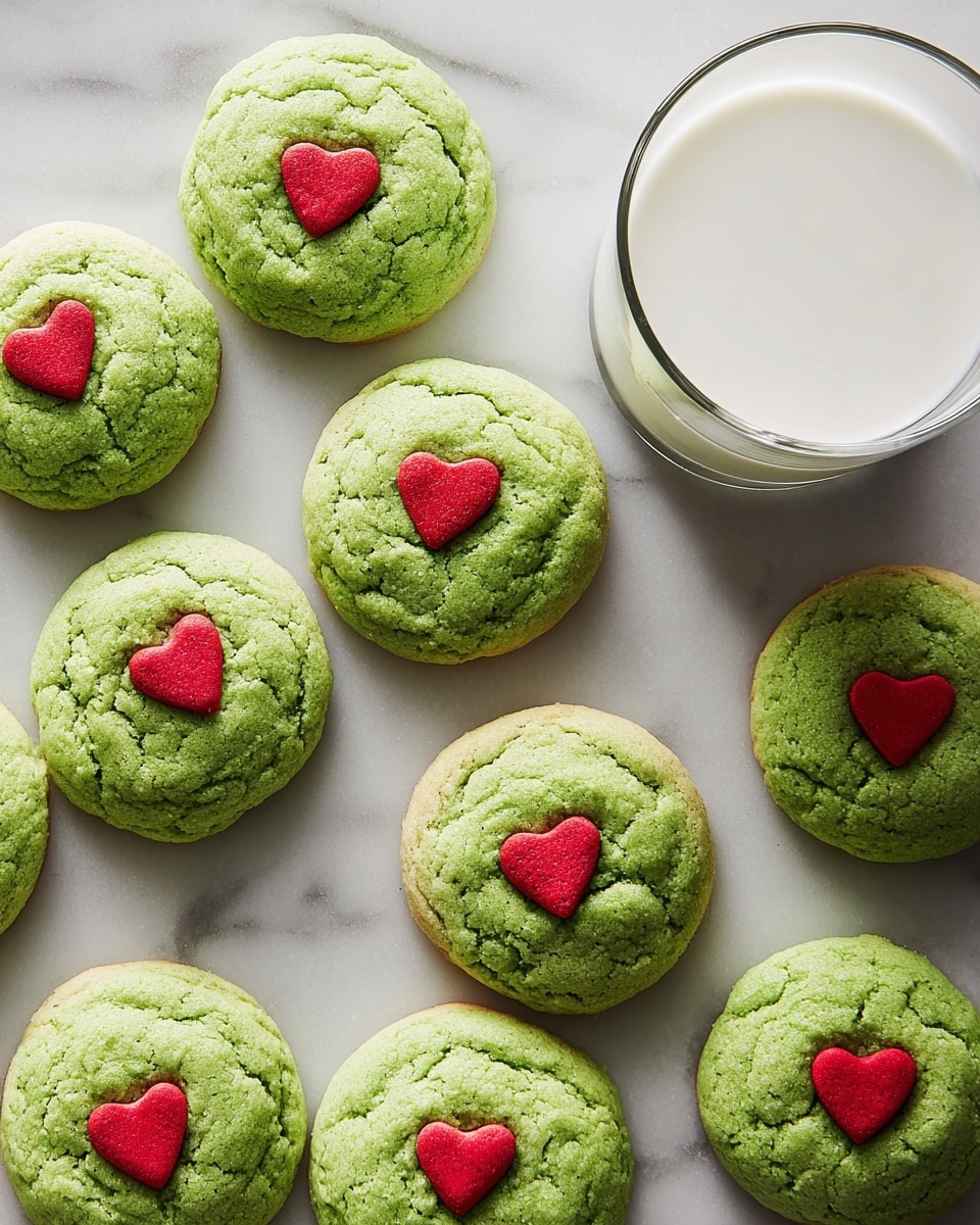 A group of round, soft-looking green cookies with a slightly crinkled texture on top are scattered on a white marbled surface. Each cookie has a small, bright red heart decoration placed right in the center, adding a pop of color to the green. The edges of the cookies are lightly browned, showing they are baked. On the top right side of the image, there is a clear glass filled with white milk, placed on the same white marbled surface. The overall look is fresh and inviting, with a nice contrast between the green cookies, red hearts, and the white background. photo taken with an iphone --ar 4:5 --v 7
