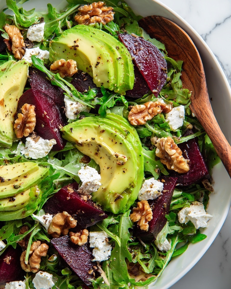 A close-up view of a fresh salad in a white bowl on a white marbled surface, showing three main layers: the base layer of bright green arugula leaves, the middle layer of deep purple beet slices and light green avocado slices with smooth texture, and the top layer sprinkled with crumbly white goat cheese and crunchy brown walnut pieces. A wooden spoon is partially visible at the bowl’s edge, mixed into the salad. The salad is lightly coated with a dark brown dressing, and small black pepper flakes are scattered on top. Photo taken with an iphone --ar 4:5 --v 7