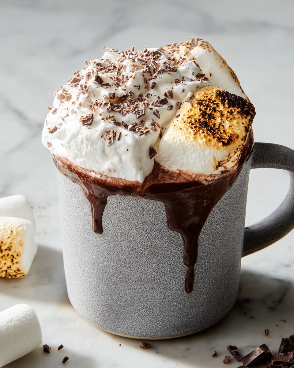 A tall grey ceramic mug filled with dark brown hot chocolate that slightly drips down the side, topped with a thick, fluffy layer of white whipped cream sprinkled with small chocolate shavings. On the side, two large, roasted marshmallows with golden-brown toasted spots rest partially inside the mug, adding texture and contrast. The mug sits on a white marbled surface with some scattered chocolate bits and marshmallows visible in the background. Photo taken with an iphone --ar 4:5 --v 7