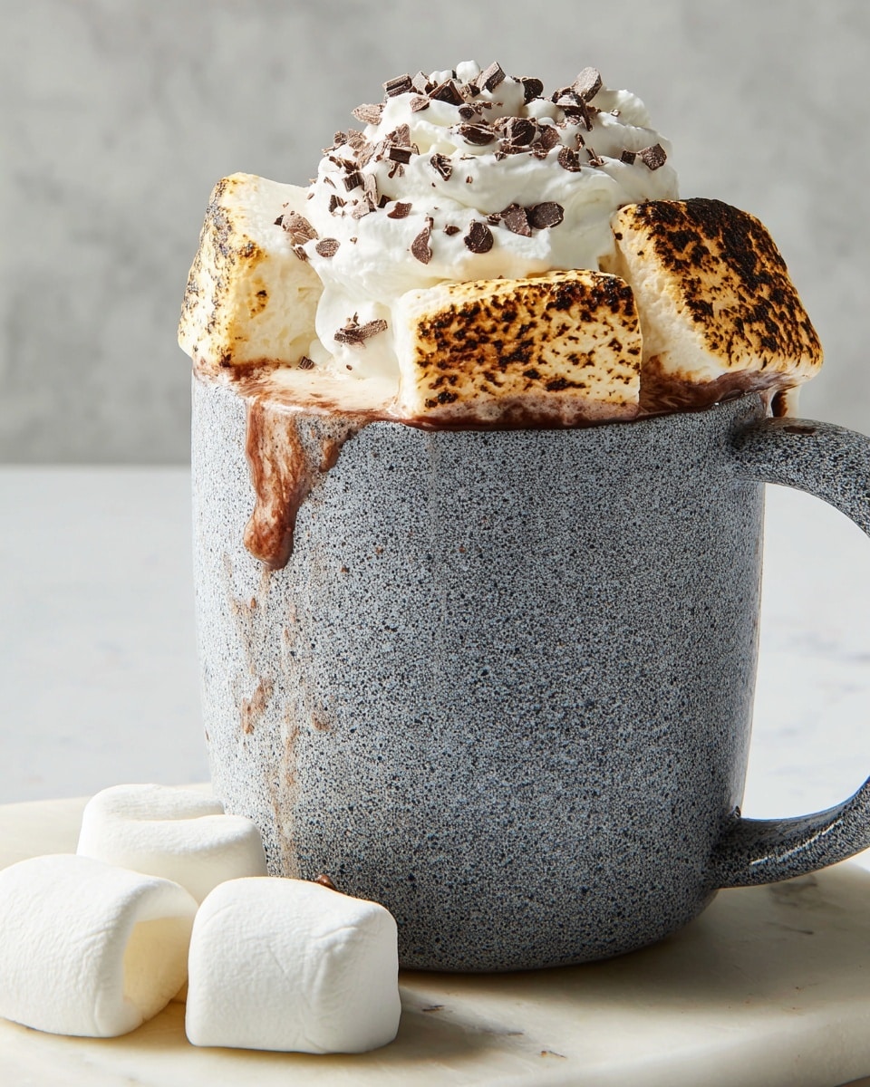 The image shows a tall gray speckled mug filled with hot chocolate, topped with a thick layer of whipped cream and several large toasted marshmallows. The whipped cream is white and fluffy with small chocolate shavings sprinkled on top, while the marshmallows are golden brown and slightly charred. Some hot chocolate has dripped down the side of the mug. In front of the mug are a few large white marshmallows placed on a white marbled surface. photo taken with an iphone --ar 4:5 --v 7