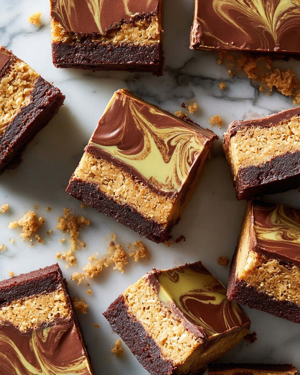 The image shows several square dessert bars arranged on a white marbled surface. Each bar has three layers: the bottom layer is dark brown and looks dense like a brownie, the middle layer is light golden and textured like shredded coconut mixed with a sticky substance, and the top layer is smooth chocolate with swirls of a lighter yellowish cream mixed in a marbled pattern. Some bars are cut to show the layers clearly, and crumbs are scattered around them, giving a fresh and homemade feel. photo taken with an iphone --ar 4:5 --v 7