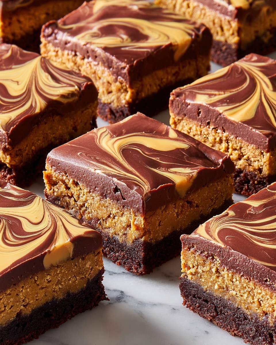 The image shows a close-up view of several square dessert bars arranged closely together on a surface with a white marbled texture. Each bar has three layers: the bottom layer is dark brown, like a dense brownie; the middle layer is thick and light brown with a rough, crumbly texture resembling peanut butter filling; the top layer is smooth and glossy milk chocolate with swirled light yellow patterns, likely peanut butter or caramel, creating a marbled effect on the chocolate surface. The bars are cut evenly with clean edges, highlighting the distinct layers. photo taken with an iphone --ar 4:5 --v 7