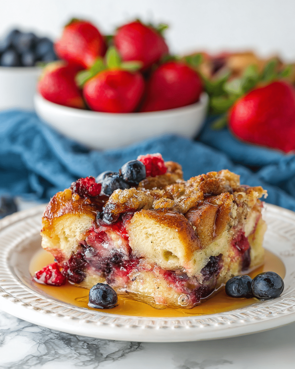 The image shows a thick slice of berry bread pudding on a white plate with a detailed edge. The dish has three visible layers: the bottom layer is soft bread soaked in custard with bits of red and blue berries, the middle layer has baked bread pieces in pale yellow with some reddish berry juice soaking parts, and the top layer is a golden brown crumbly streusel with cinnamon and sugar, dotted with more blueberries and raspberries. The pudding is drizzled with maple syrup pooling slightly at the base. The plate is on a white marbled surface with a blue cloth underneath, and fresh halved strawberries and whole blueberries are scattered nearby. Behind, there is a white bowl filled with bright red strawberries. photo taken with an iphone --ar 4:5 --v 7