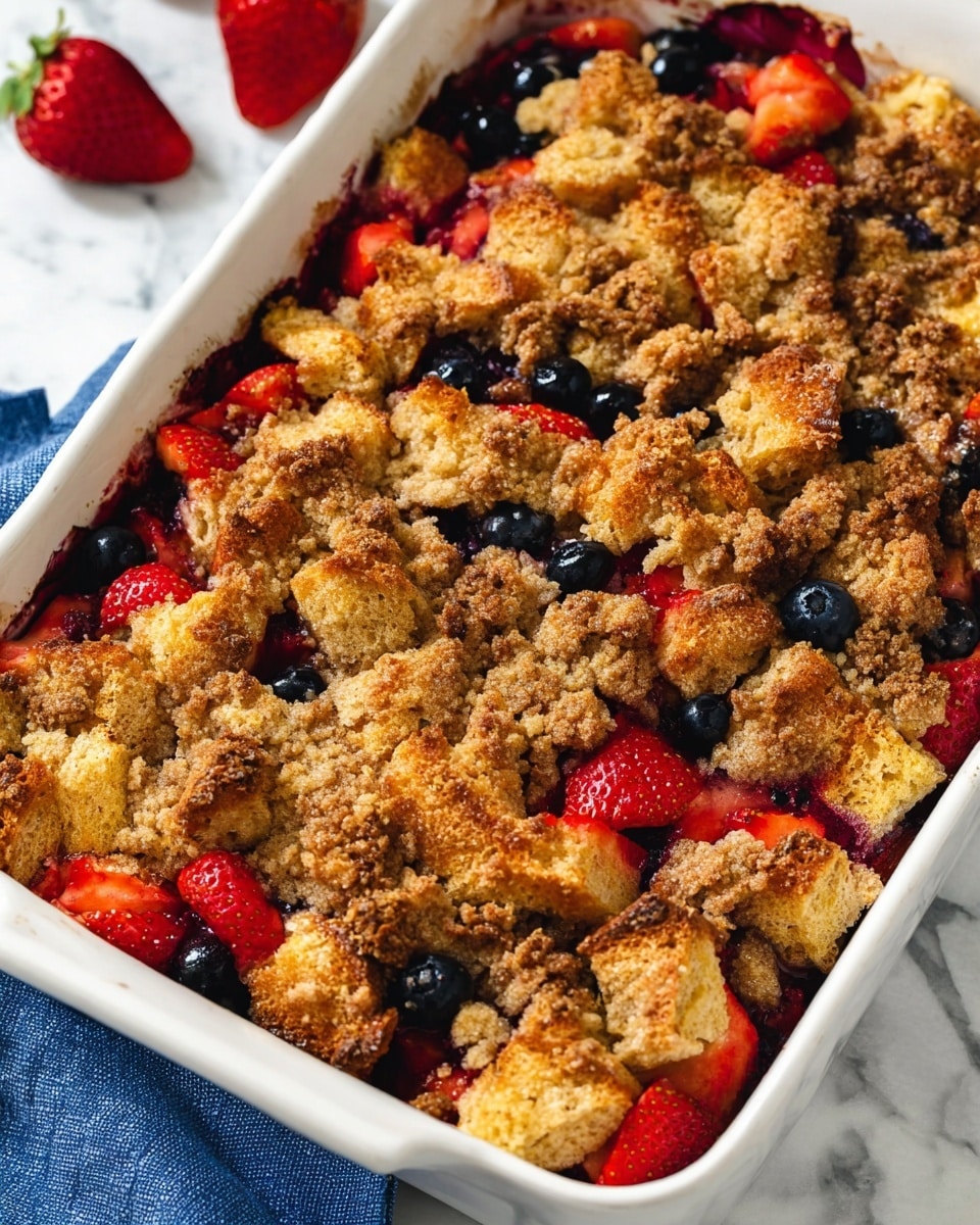 A white baking dish filled with a baked fruit crumble, showing a top layer of crumbly, golden-brown streusel with a rough texture and small chunks. Below, pieces of red strawberries and whole dark blue blueberries peek through, adding vibrant splashes of color. The middle layer consists of toasted, golden-brown bread cubes that look soft inside with crisp edges. The dish rests on a folded blue cloth, all placed on a white marbled surface. Photo taken with an iphone --ar 4:5 --v 7