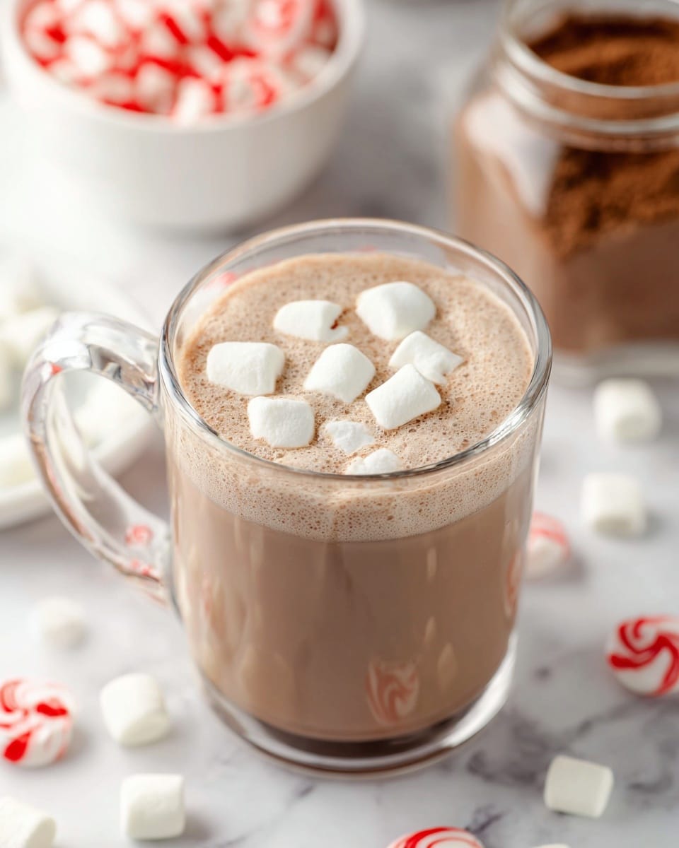 A clear glass mug filled with light brown hot chocolate topped with a layer of white small marshmallows floating on the surface; the mug sits on a white marbled texture with scattered white mini marshmallows and red-and-white striped peppermint candies around it, while a white bowl filled with red-and-white peppermint candies and a jar of brown powder are blurred in the soft background. photo taken with an iphone --ar 4:5 --v 7