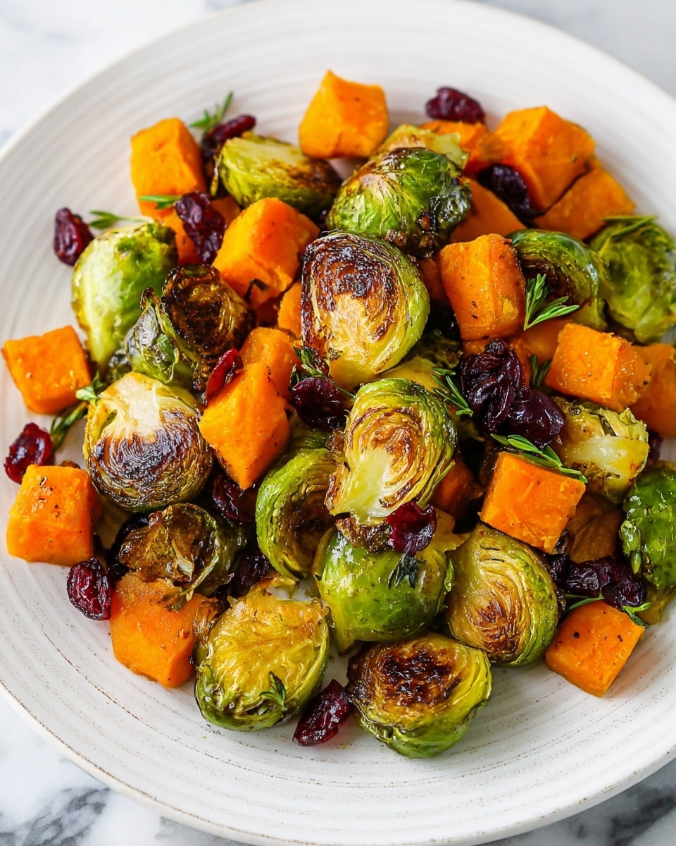 The dish is a mix of roasted Brussels sprouts and cubed orange sweet potatoes placed on a white plate. The Brussels sprouts are halved, with a crispy, dark brown char on the cut sides and bright green leaves. The sweet potato cubes are evenly roasted, showing a vibrant orange color with a slightly soft texture. Scattered throughout are small, dark red dried cranberries adding contrast. The plate is set on a white marbled surface. photo taken with an iphone --ar 4:5 --v 7