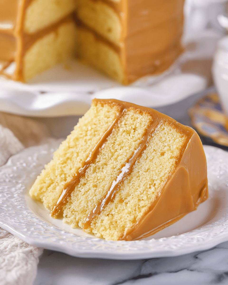 A three-layer cake stands on a white plate with soft, light yellow sponge layers separated by two thin layers of smooth, light caramel-colored frosting. The whole cake is evenly covered in the same caramel frosting, which has a glossy, creamy texture and slightly wavy surface. The cake sits on a white marbled surface, and the background is softly blurred with minimal tones, keeping the focus on the cake's simple but appealing look. Photo taken with an iphone --ar 4:5 --v 7