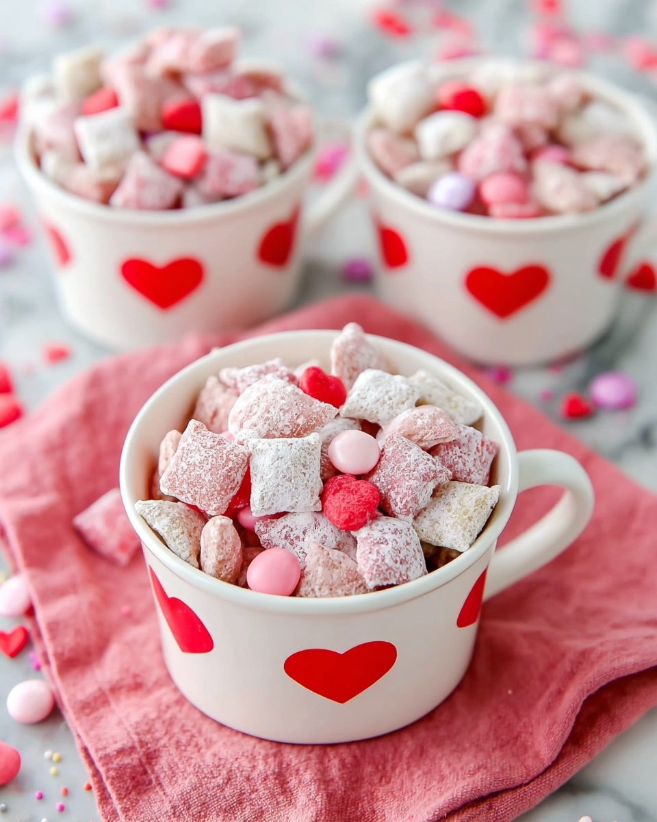 The image shows three white cups decorated with red hearts, filled with a colorful snack mix. The snack mix has multiple layers of small, square, pastel pink and white cereal pieces dusted with powdered sugar. Scattered throughout are round candy pieces in shades of pink and red, adding pops of color and texture. The cups are placed on a soft pink cloth against a white marbled surface with small red and pink candy pieces sprinkled around, giving a festive and cheerful look. photo taken with an iphone --ar 4:5 --v 7
