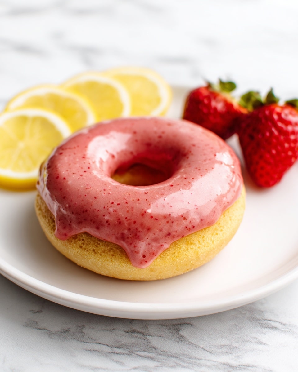 A single donut sits centered on a white plate, showing two main layers: the bottom dough layer is golden brown and soft looking, while the top icing layer is thick, smooth, and pinkish-red with tiny specks, gently dripping over the edge. To the side of the donut are two bright yellow lemon slices stacked slightly, and two fresh red strawberries with green tops, all placed against a white marbled background. photo taken with an iphone --ar 4:5 --v 7