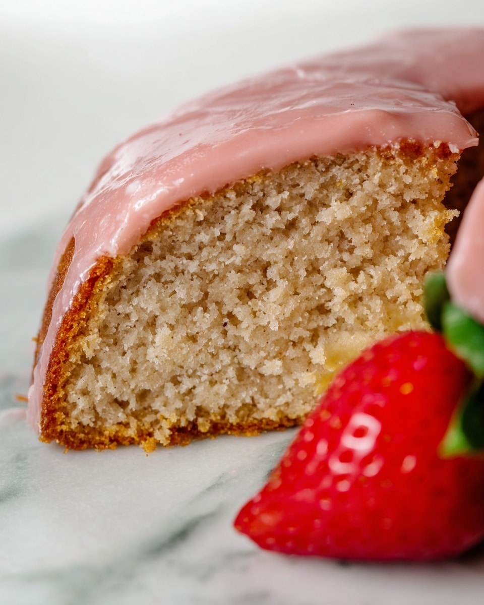 This image shows a close-up of a single-layer round cake with light beige, moist, crumbly texture inside and a thin, golden-brown crust around the edge. The top and sides are coated with a smooth, glossy pink icing. A fresh strawberry cut in half with a bright red inside and green leaves is placed next to the cake on a white marbled surface. photo taken with an iphone --ar 4:5 --v 7
