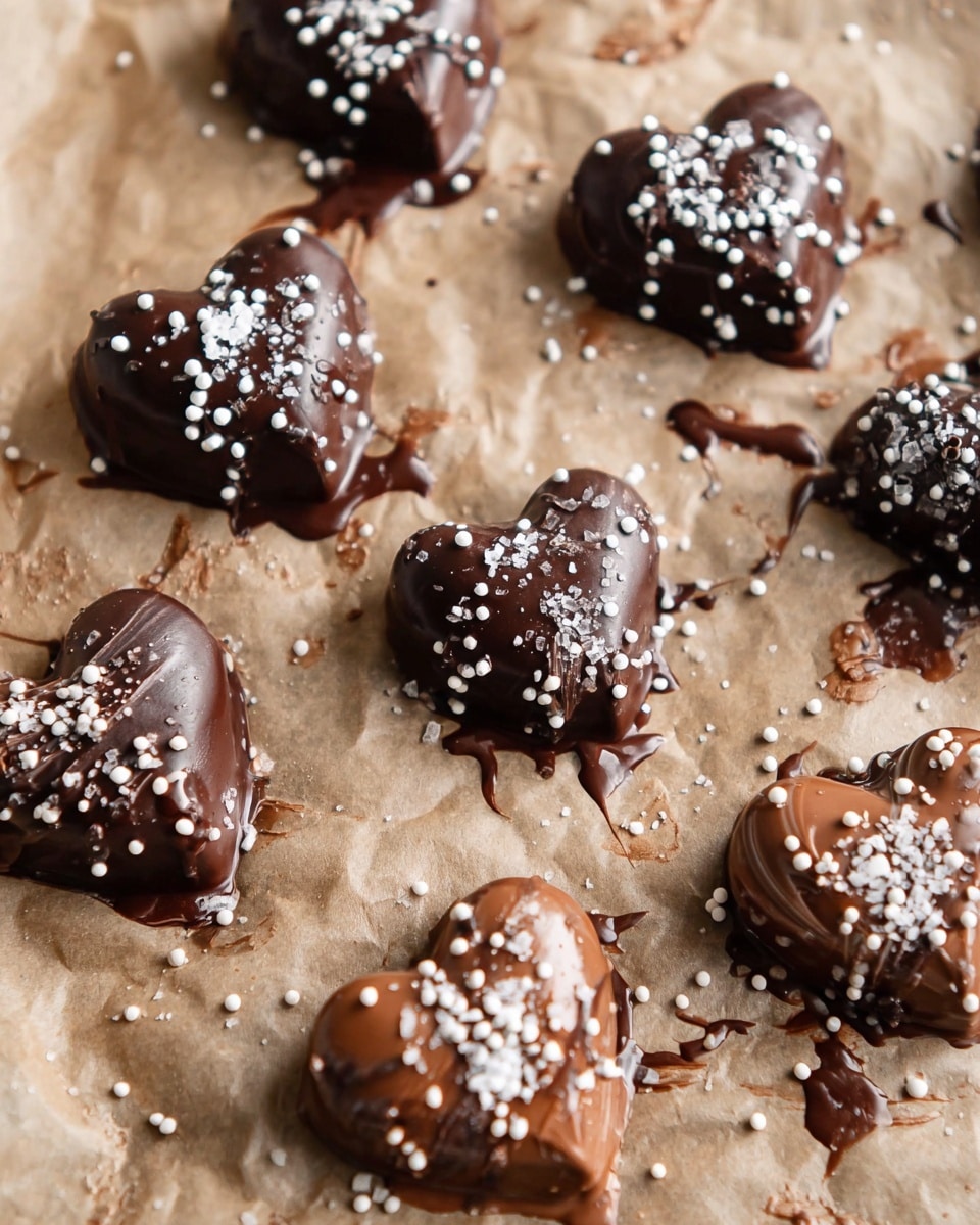 A group of small heart-shaped treats covered in dark and milk chocolate, creating a smooth and slightly glossy surface with light and dark swirls. Each heart is sprinkled generously with small round white candy beads and coarse crystal sea salt flakes on top. The treats are placed on a sheet of slightly crinkled brown parchment paper, with some chocolate drips and smudges around them. The background shows a white marbled texture in soft focus. Photo taken with an iphone --ar 4:5 --v 7