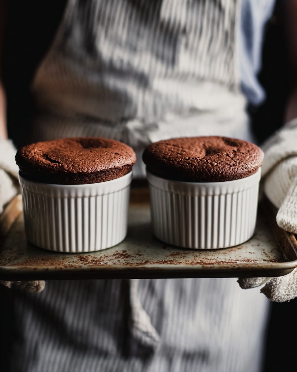 Two chocolate soufflés are in white textured ramekins, each soufflé rising above the cup with a cracked, soft, and fluffy surface showing a rich brown color. They sit side by side on a worn metal baking tray held by a person wearing white oven mitts and a light-striped apron. The background is dark, highlighting the soufflés and the baking tray. The whole setup is centered with a rustic, cozy feel. photo taken with an iphone --ar 4:5 --v 7