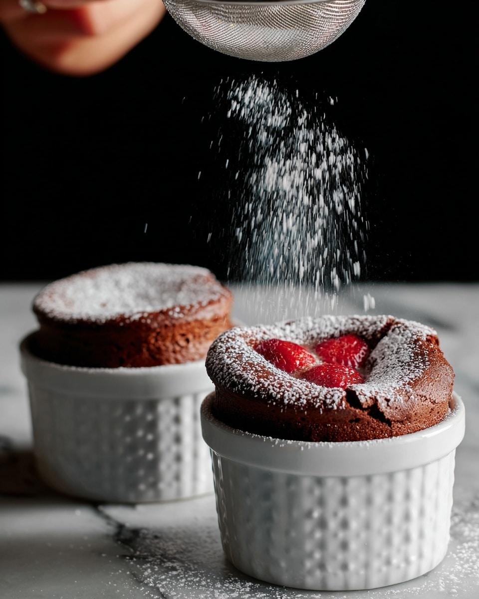 Two chocolate soufflés are each in small white ceramic ramekins with a dotted texture, placed on a white marbled surface. Both soufflés have puffed tops with cracked, rough brown edges and a smooth, glossy red center layer visible in the middle. A woman's hand shelters a small metal sifter above the souffle on the right, gently dusting a fine layer of powdered sugar that falls like snow onto the red center and brown top, creating a light white coating over the entire dessert. The background is dark, making the powdered sugar dust and vibrant red centers stand out. photo taken with an iphone --ar 4:5 --v 7