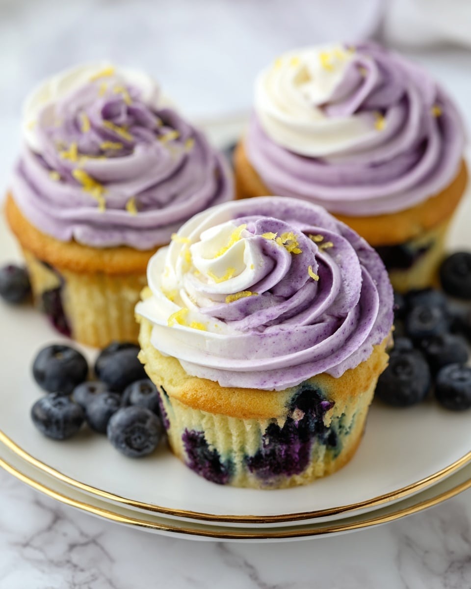 The image shows three blueberry cupcakes placed closely on a white plate with a fine gold rim, sitting on a white marbled surface. Each cupcake has a yellowish base with visible blueberries baked inside, showing a slightly moist texture and dark purple spots from the berries. The top of each cupcake is decorated with a swirl of creamy frosting in two colors, lavender purple and white, evenly twisted together to create a soft, smooth texture in a rose pattern. Small yellow zest pieces are sprinkled delicately on the frosting, adding a subtle contrast. Fresh blueberries are scattered on the plate around the cupcakes, enhancing the overall visual appeal. Photo taken with an iphone --ar 4:5 --v 7