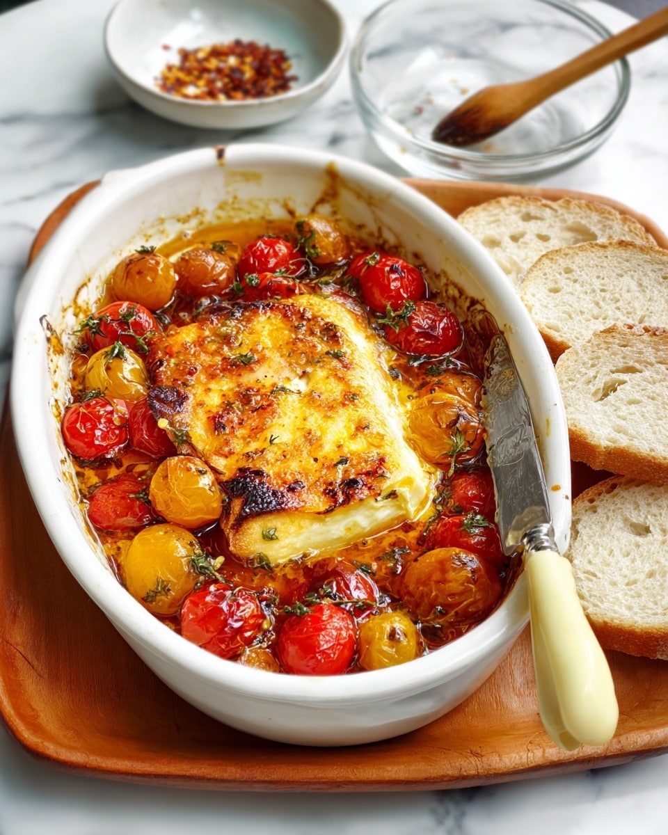 The image shows a baked dish in a white oval ceramic baking dish filled with a golden-brown cheese block in the center, slightly charred on top with melted spots, surrounded by roasted red and yellow cherry tomatoes in a shiny, oily sauce with some herbs. On the right side, a silver butter knife with a cream-colored handle rests on the edge of the baking dish, near slices of light beige bread with a soft texture. In the background, there is a small white bowl with chili flakes and a glass bowl with a wooden brush resting inside, all placed on a white marbled surface. photo taken with an iphone --ar 4:5 --v 7