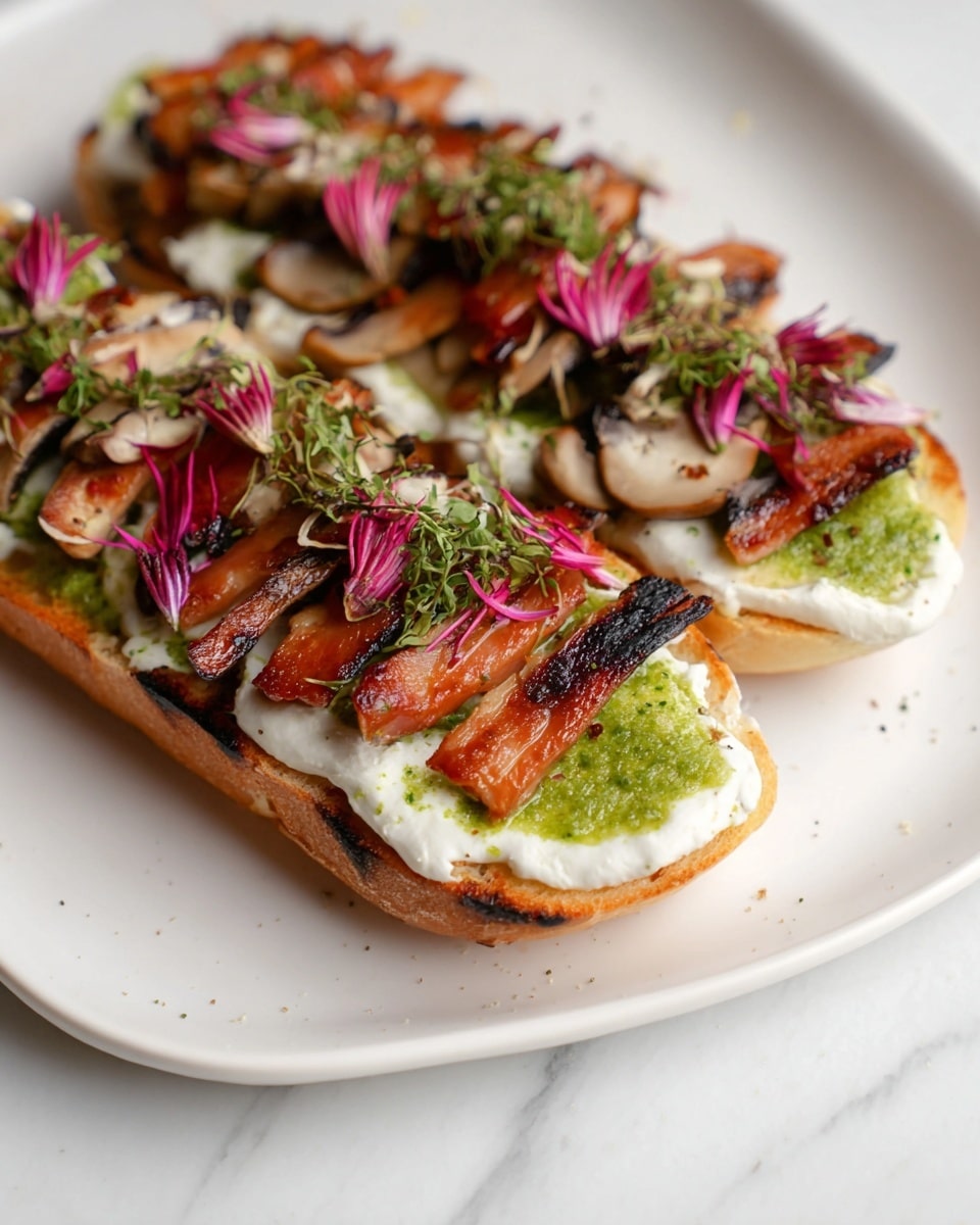 Two sandwiches are placed on a white plate with a white marbled surface beneath. Each sandwich is made of one long piece of toasted bread with a light golden brown and slightly charred crust. On top of the bread is a thick layer of creamy white cheese spread. Above the cheese, folded strips of reddish-brown grilled mushrooms are neatly arranged side by side in a single row. A bright green sauce with a slightly chunky texture is spread evenly in a line on top of the mushrooms. Small light and dark pink edible flower petals and sprigs of fresh green herbs are scattered delicately over the green sauce. photo taken with an iphone --ar 4:5 --v 7