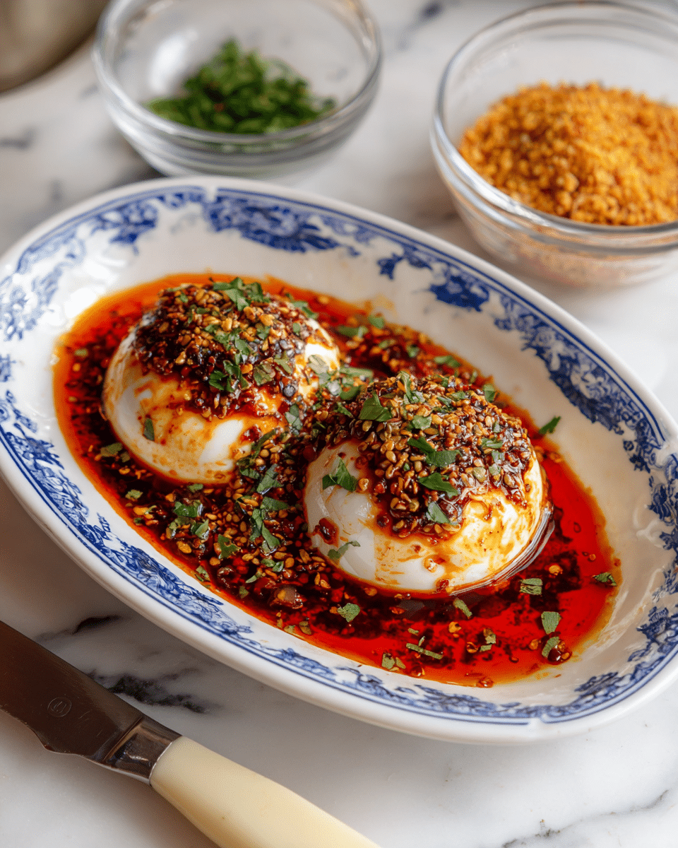 Two round white balls of soft cheese sit side by side in a shallow white dish with blue floral patterns. The cheese is topped with a thick layer of dark red chili oil sauce sprinkled with golden sesame seeds and finely chopped green herbs. The dish is filled with a pool of the bright red oil that surrounds the cheese, adding a shiny texture. Nearby, a small clear glass bowl with chopped green herbs and a container filled with a grainy orange sauce rest on a white marbled surface. A knife with a cream handle lies next to the dish. Photo taken with an iphone --ar 4:5 --v 7