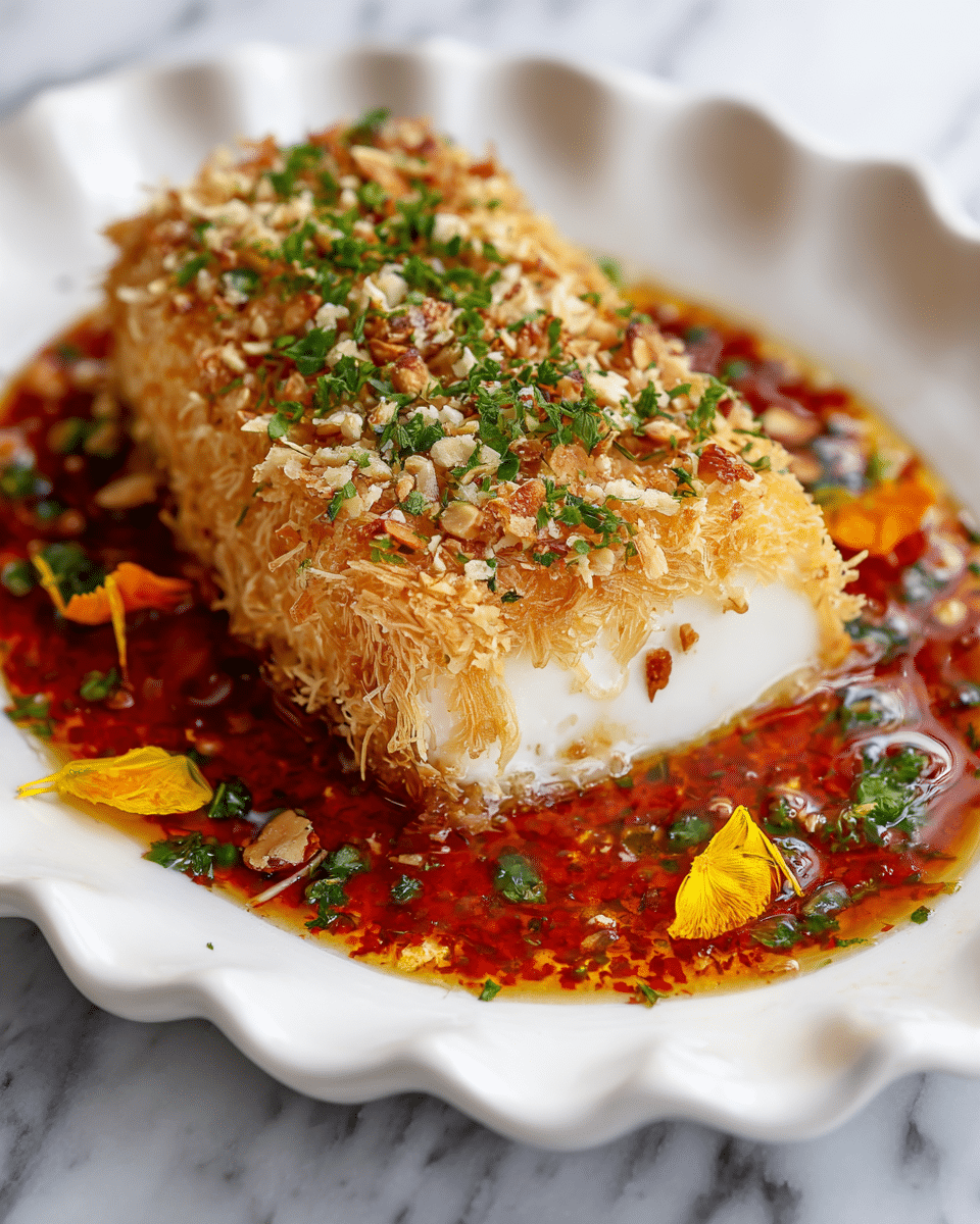 A rectangular piece of golden-brown fried cheese with a crispy, shredded outer layer sits at the center of a white scalloped plate. The cheese is soft and white inside, visible where a slice has been cut, with the crispy strands forming a textured crust. The top is garnished with finely chopped green herbs and crushed nuts, adding a fresh and crunchy contrast. Surrounding the cheese is a glossy, reddish-brown sauce spread thickly across the plate, with small green herbs and bright yellow and orange edible flower petals scattered delicately on top. The plate rests on a white marbled surface, emphasizing the vibrant colors and textures of the dish. photo taken with an iphone --ar 4:5 --v 7