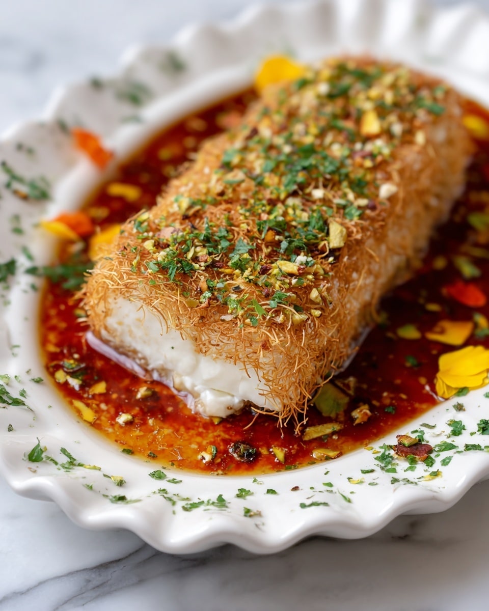 This image shows a rectangular piece of food covered with a crunchy layer of toasted thin golden-brown strands on the outside, topped with finely chopped green herbs and small crushed nuts. The inside is creamy white and looks soft, with one small piece cut off to show the texture. The dish rests on a shiny, reddish-brown sauce spread over the bottom of a white scalloped plate, decorated with scattered green herbs and small yellow and orange flower petals. The plate is placed on a white marbled surface. Photo taken with an iphone --ar 4:5 --v 7