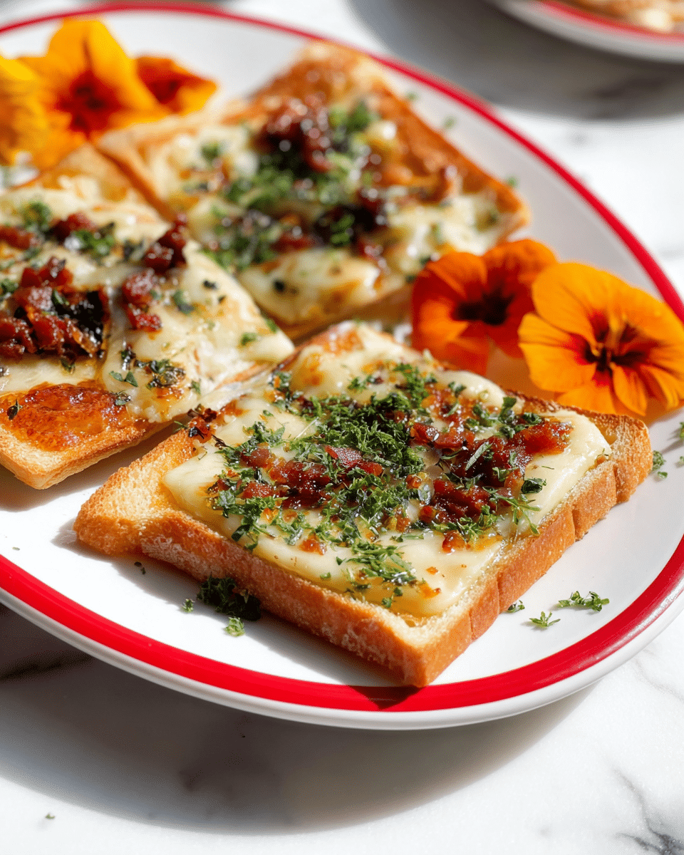 The image shows square pieces of golden-brown toasted bread topped with melted creamy cheese that is slightly bubbly at the edges. On top of the cheese, there are small bits of crispy bacon or a similar garnish scattered all over, along with finely chopped fresh green herbs evenly spread. The bread pieces are placed on a white plate with two thin red rings around the edge. Bright orange and yellow edible flowers are placed on the plate beside the toasted bread squares, and the plate sits on a white marbled surface. The lighting is bright and natural, highlighting the glossy texture of the melted cheese and the crispy bread edges. photo taken with an iphone --ar 4:5 --v 7