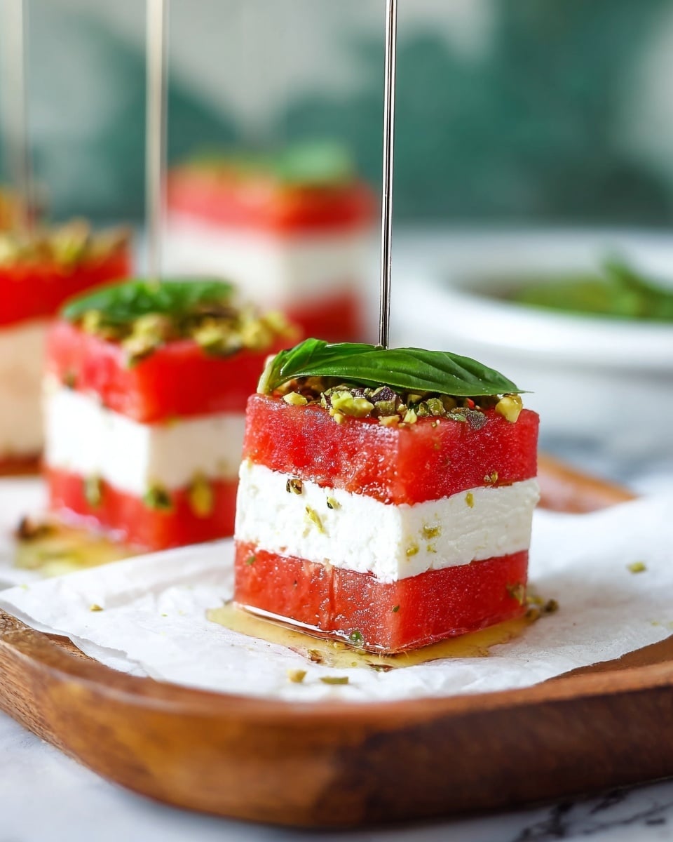 The image shows small square stacks arranged on white parchment paper over a wooden tray. Each stack has three layers: a bright red watermelon piece at the bottom, a thick middle layer of white cheese, and another red watermelon piece on top. A green basil leaf rests on the top layer, with small bits of crushed pistachio sprinkled over it and a light drizzle of oil collecting slightly at the base. A thin silver skewer pierces through each stack vertically. The background is softly blurred with shades of green and white marbled texture surface. photo taken with an iphone --ar 4:5 --v 7