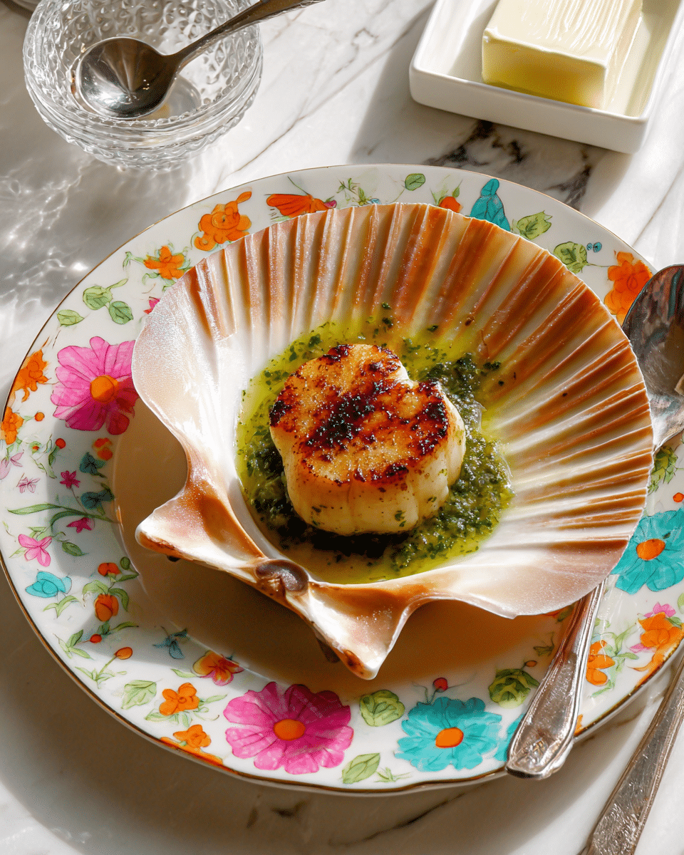 A single, perfectly seared scallop sits in the center of a light beige scallop shell with ridged, slightly curled edges. The scallop has a golden-brown top crust, giving a crisp texture, and is placed on a bed of bright green herb sauce that looks vibrant and fresh, covering the bottom of the shell. The shell rests on a white plate decorated with small, colorful floral patterns including pink, orange, blue, and yellow flowers with green leaves scattered around the edges. There is a small glass bowl with a silver spoon to the upper left and a square white butter dish with a butter stick to the upper right, all set against a white marbled surface. Photo taken with an iphone --ar 4:5 --v 7