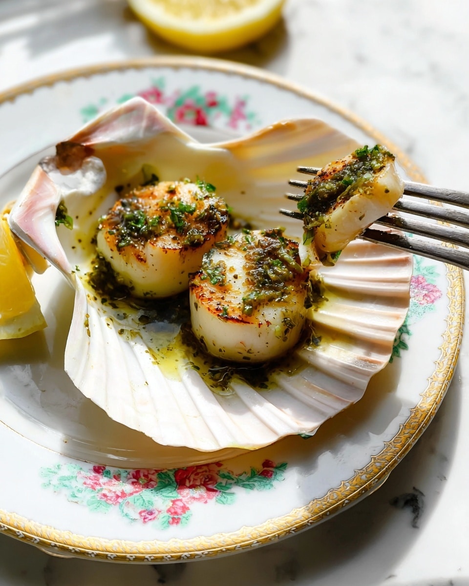 A white scallop shell sits on a white plate with a floral and gold design, placed on a white marbled surface. Inside the shell are two large seared scallops with a golden brown crust, topped with finely chopped green herbs and a drizzle of herb oil that pools slightly in the shell’s grooves. A silver fork holds a piece of scallop above the shell, capturing the glossy, tender texture and white interior of the scallop. Bright lemon wedges appear partially in the background, adding a fresh color contrast. The light is natural and bright, enhancing the colors and textures clearly. Photo taken with an iphone --ar 4:5 --v 7