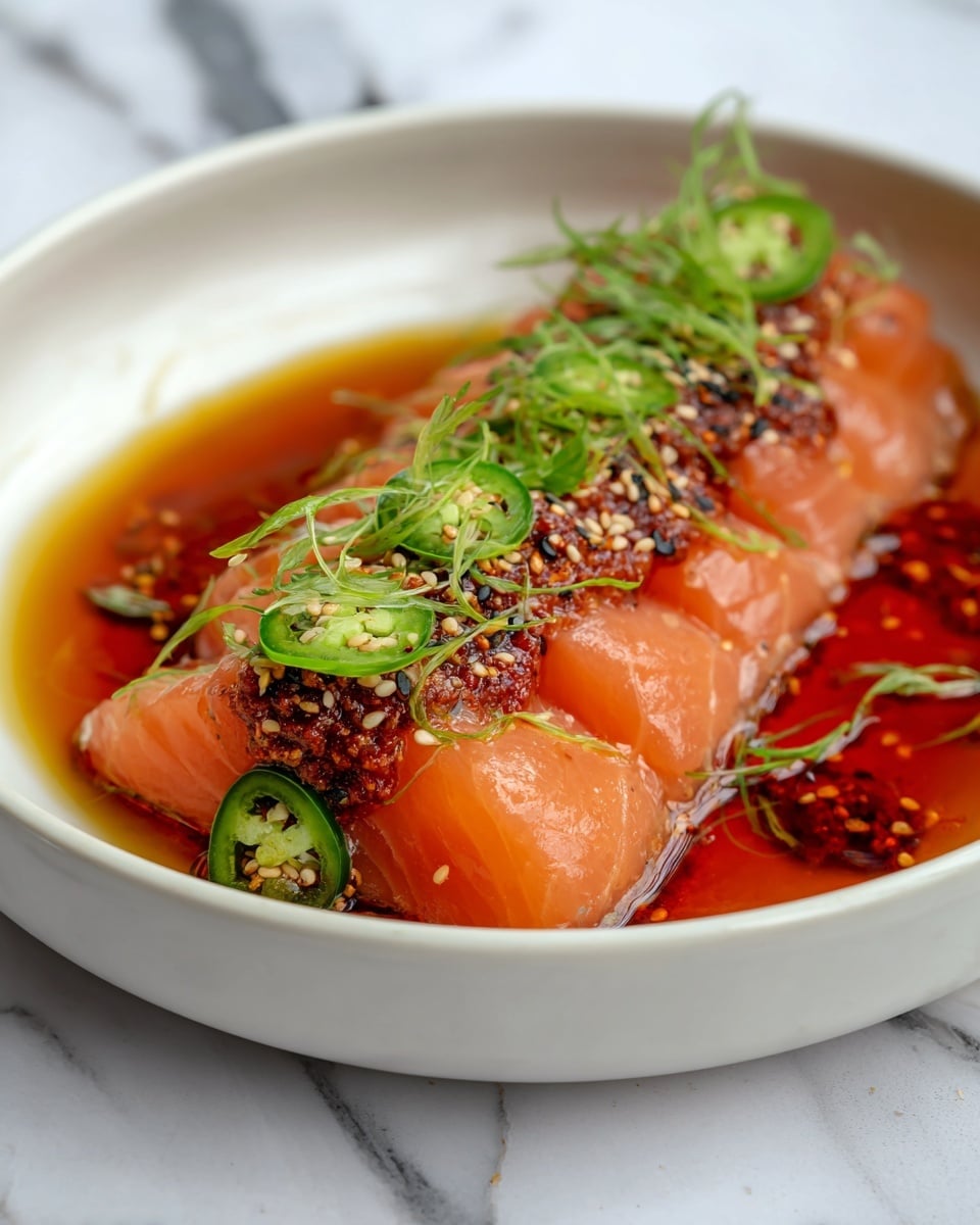 This dish shows several thin, translucent slices of pink-orange raw salmon layered in a shallow white bowl, slightly overlapping each other in a neat row. On top, there is a thick, textured line of dark reddish-brown minced mixture covered with white and black sesame seeds, with some red chili oil pooling around the salmon in the bowl. Bright green thinly sliced jalapeño rings and fine strips of green herbs lay on top of the minced mixture, adding a fresh contrast. The bowl sits on a white marbled surface. photo taken with an iphone --ar 4:5 --v 7