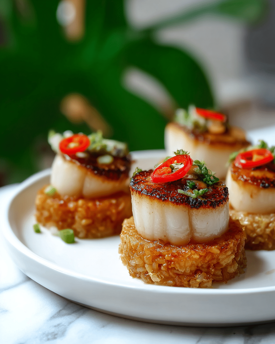 The image shows three individual servings of a dish arranged on a white plate placed on a white marbled surface. Each serving has two layers: the bottom layer is a golden-brown, crispy, round rice cake with a textured surface, and the top layer is a thick, white seared scallop with a caramelized brown crust on top. Each scallop is garnished with a small slice of red chili and finely chopped green herbs, adding color contrast. The background has a slightly blurred green leafy plant, giving a fresh look. Photo taken with an iphone --ar 4:5 --v 7