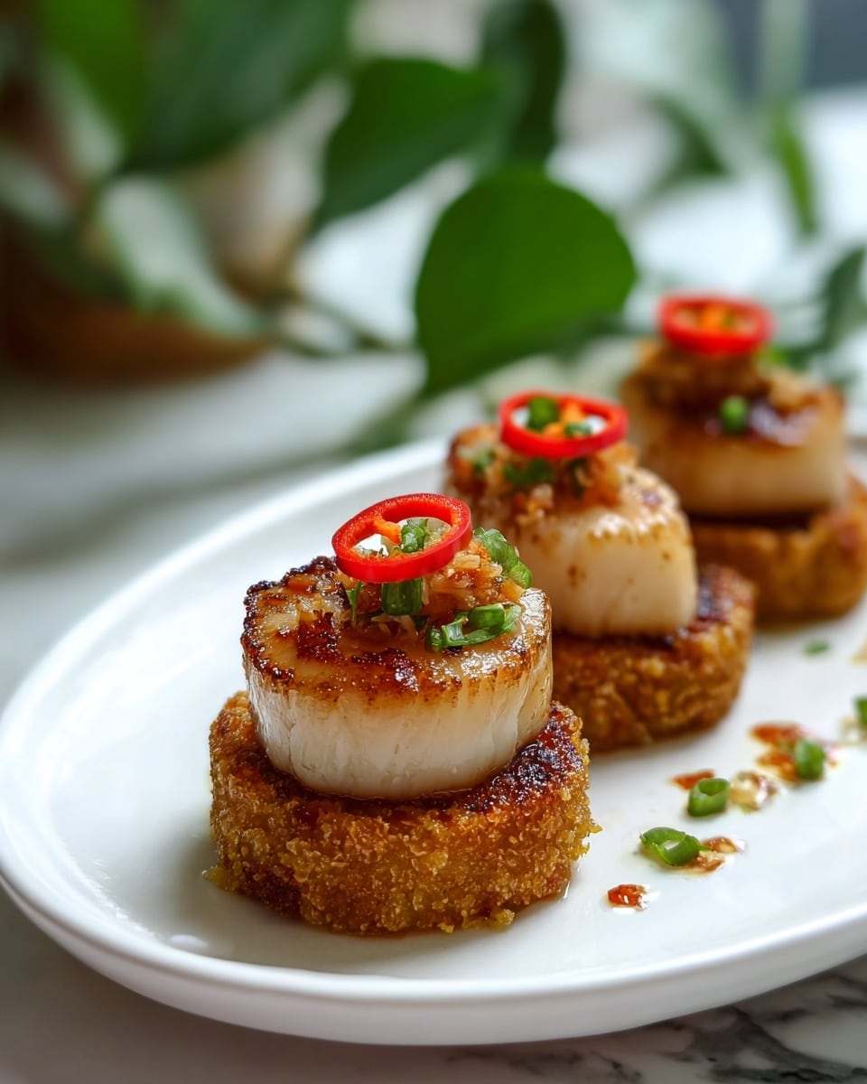 The dish shows three small stacks on a white plate set on a white marbled surface. Each stack has two layers: a round, golden-brown crispy base with a textured surface, topped with a thick, seared scallop that has a light creamy color and a caramelized brown edge. Each scallop is garnished with a thin red chili ring and finely chopped green herbs on top. The background is softly blurred with some green leaves visible. photo taken with an iphone --ar 4:5 --v 7