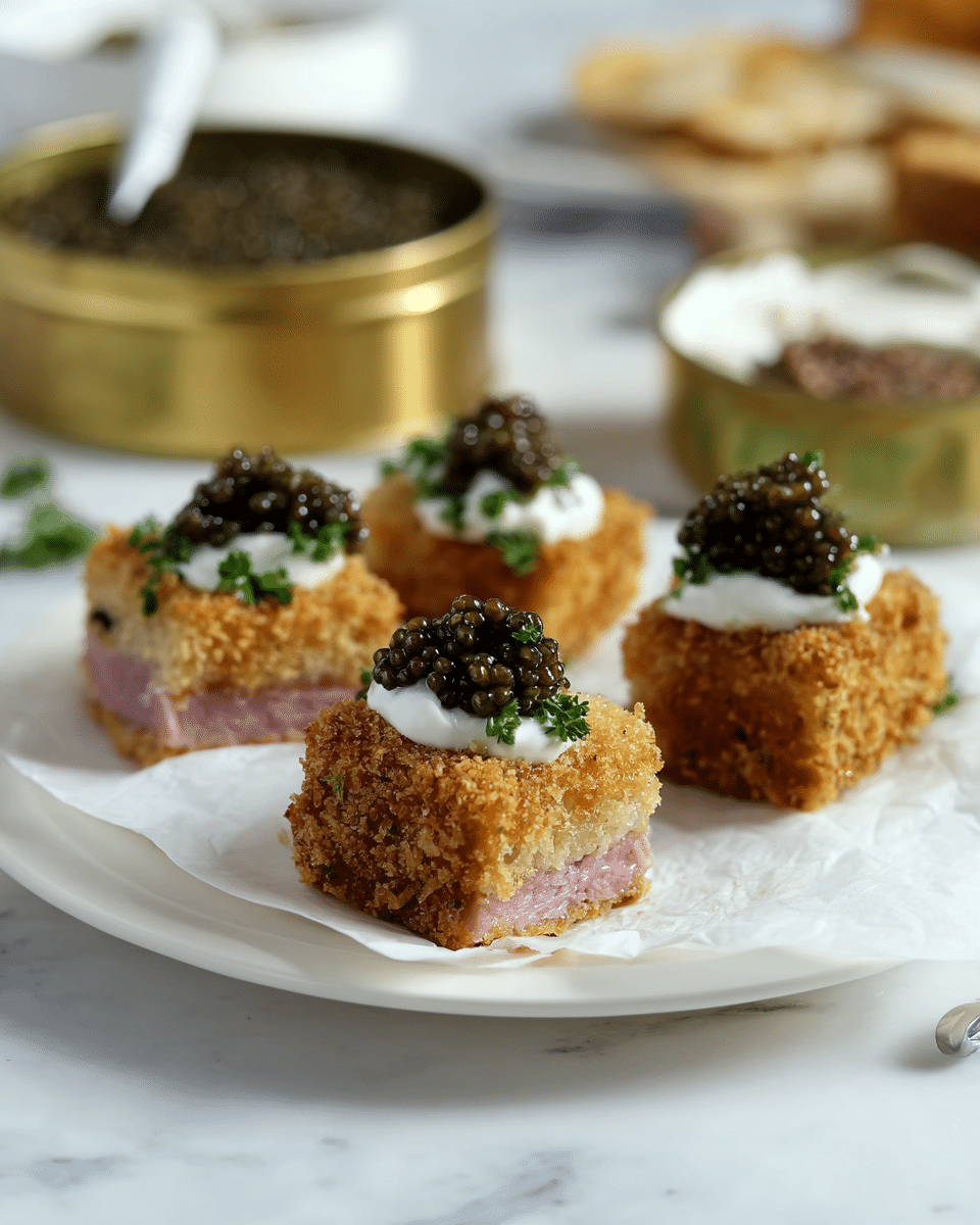 The image shows small square pieces of crispy breaded food with a crunchy golden-brown outer layer placed on white parchment paper on a white plate. Each square has three layers: the bottom is the golden crust, the middle shows a pink inside, and the top has a dollop of white cream, a small heap of shiny black caviar, and finely chopped green herbs scattered over the caviar. In the background, there is a gold tin full of black caviar with a white spoon resting in it, and blurred bowls with more cream and chopped herbs. The entire setup is on a white marbled surface. photo taken with an iphone --ar 4:5 --v 7