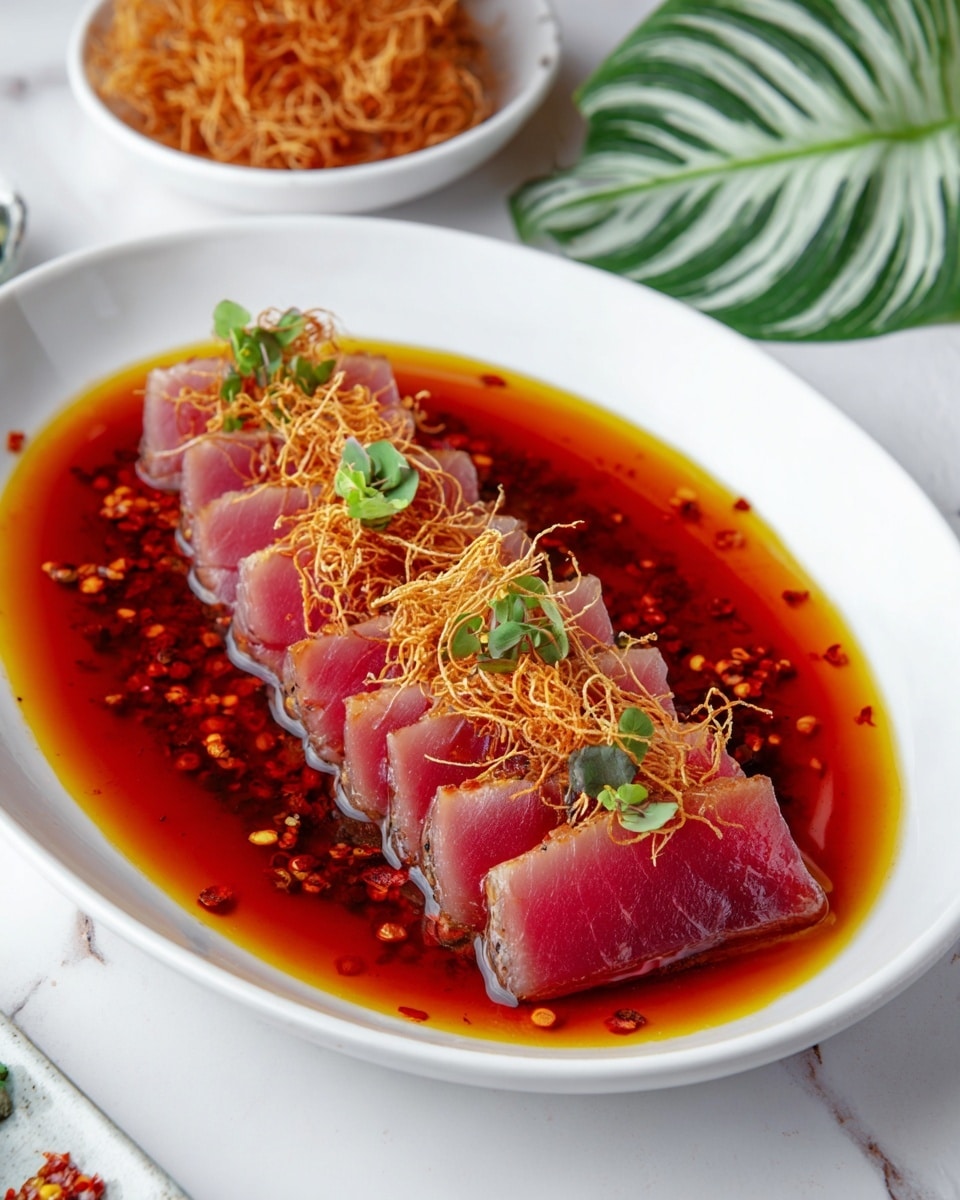 A dish in a white bowl shows six thick slices of raw pink tuna arranged side by side in the center, partially submerged in a deep orange-red sauce with visible drops of red chili oil floating on top. Resting on the tuna slices is a narrow pile of thin, crispy brown fried shallots mixed with chopped green herbs and small bits of red chili, adding texture and color contrast. The bowl sits on a white marbled surface and in the background, there is a blurred small white bowl containing more fried shallots with some green leaves nearby. photo taken with an iphone --ar 4:5 --v 7