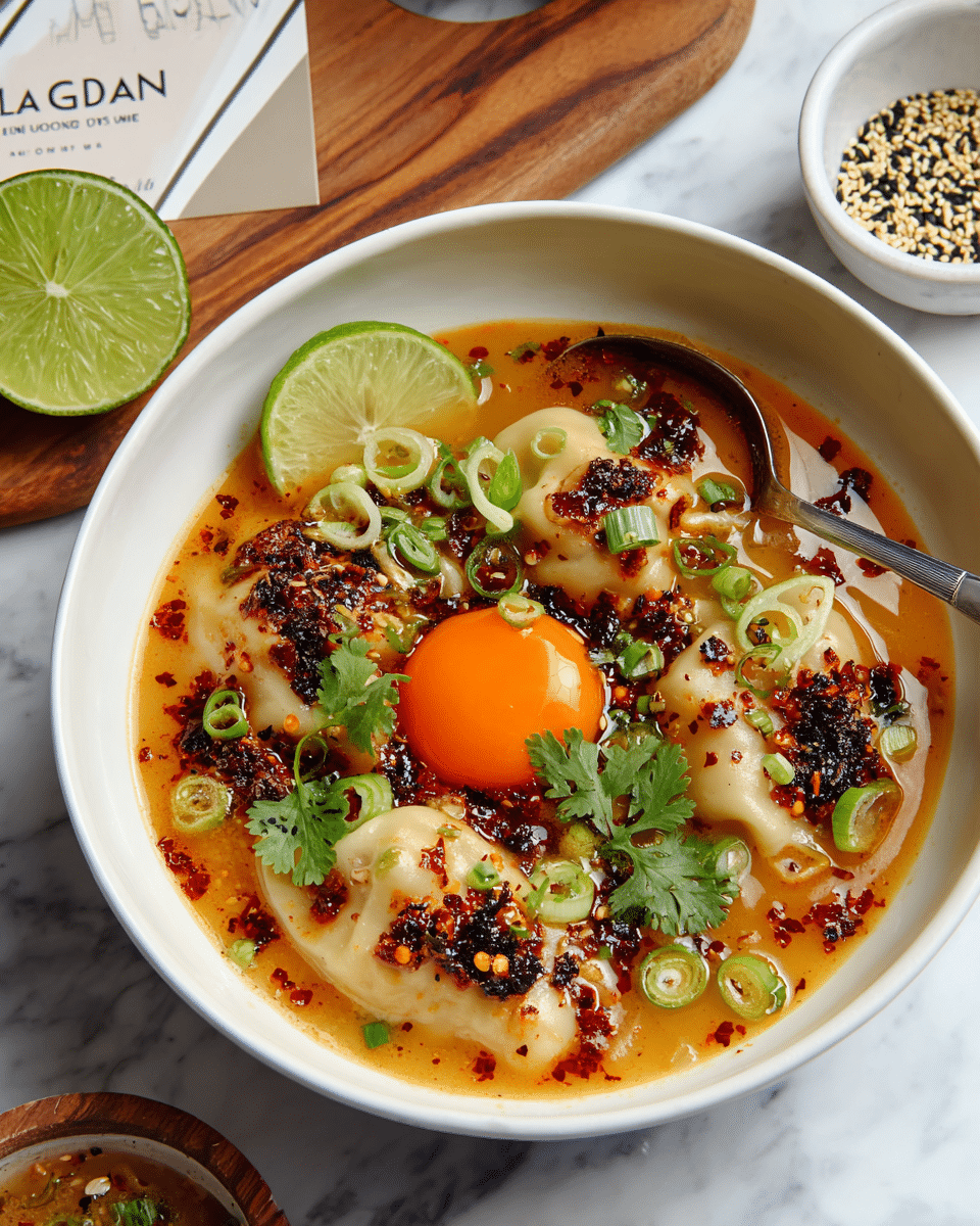 A white bowl filled with a rich, light orange broth holds several soft dumplings with smooth, pale dough. On top, there is a bright red egg yolk sitting in the middle, surrounded by small black and white sesame seeds, chopped green onions, and fresh cilantro leaves scattered across the dumplings. Dark red chili oil with bits of toasted garlic is drizzled over and around the dumplings, adding texture and contrast. Two lime wedges rest on the side inside the bowl, and a silver spoon is placed along the right edge, partially submerged in the broth. The bowl is placed on a white marbled surface with small white dishes holding black and white sesame seeds visible in the background. Photo taken with an iphone --ar 4:5 --v 7