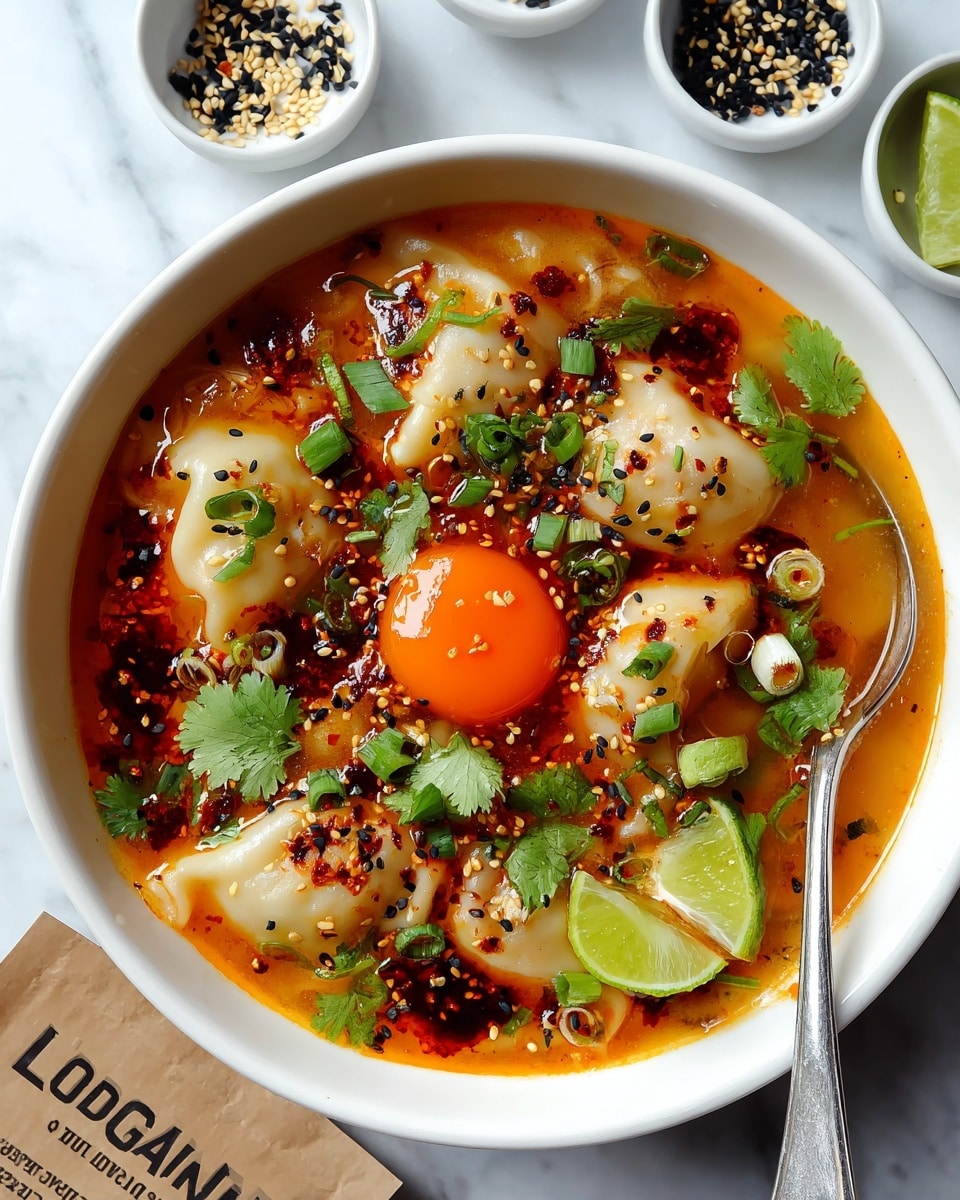 A white bowl holds five dumplings immersed in a light orange broth. On top of the dumplings, there is a bright orange yolk in the center, surrounded by black and white sesame seeds, small green scallion slices, and fresh green cilantro leaves. Dark red chili oil with bits of crushed garlic is drizzled over the dumplings, creating a textured, spicy look. At the side of the bowl, two lime wedges add a fresh green-yellow contrast. A silver spoon rests inside the bowl on the right side. The bowl sits on a white marbled surface with a round white plate of sesame seeds and a wooden board with lime halves in the background. Photo taken with an iphone --ar 4:5 --v 7