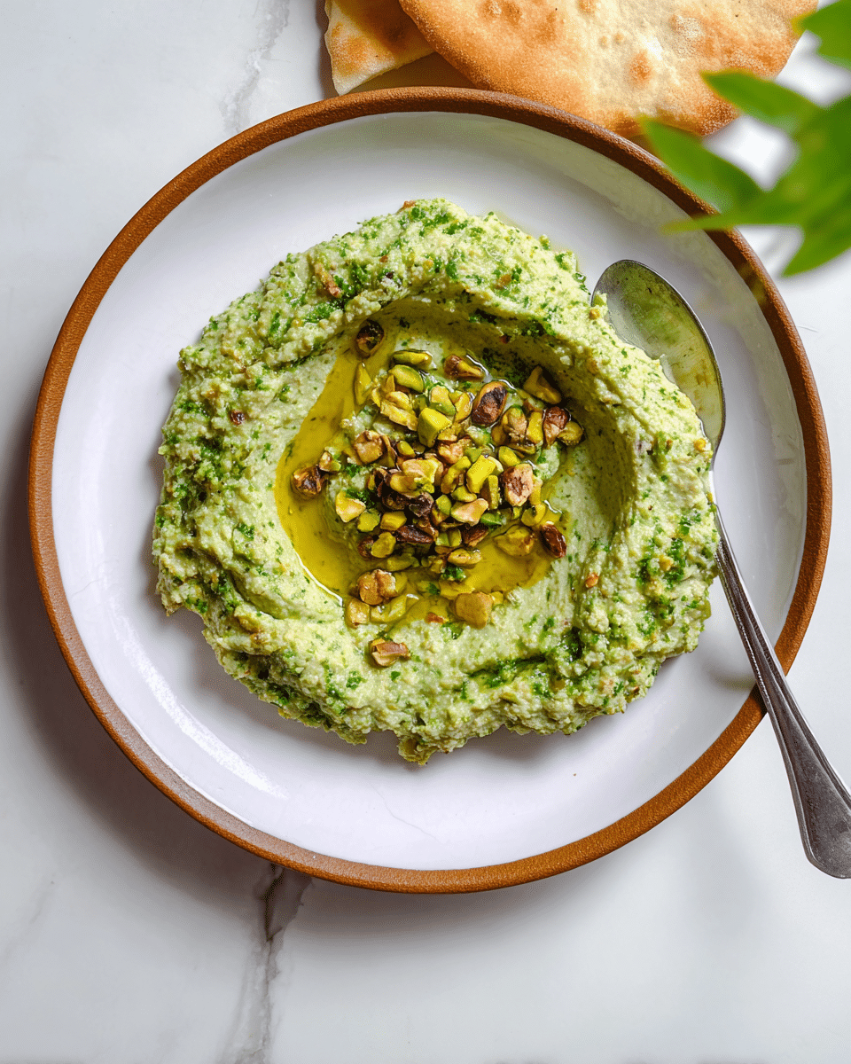 A white plate with a brown edge holds a single green dip spread in a circular shape with a textured surface. In the center of the dip, there is a small pool of golden olive oil topped with chopped greenish-brown pistachios. To the top left of the plate, a triangular piece of soft, golden-brown flatbread rests partly on the plate. A shiny silver spoon is placed on the right side of the plate, and a small green and yellow leaf decoration is visible in the top right corner. The plate is set on a white marbled surface. photo taken with an iphone --ar 4:5 --v 7