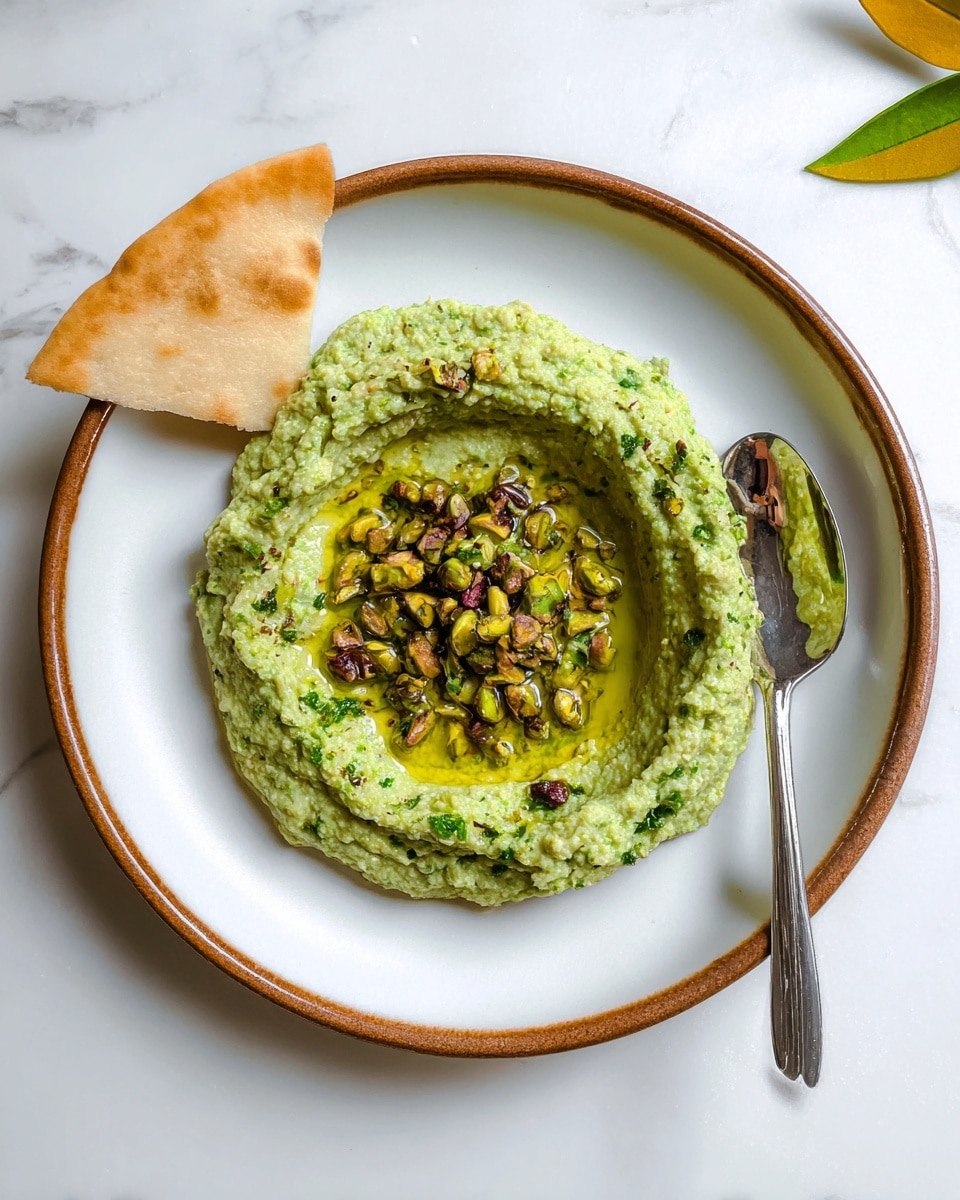 A white plate with a brown rim holds a single-layered green dip with a rough texture, spread in a circular shape. In the center of the dip, there is a small pool of golden olive oil topped with chopped pistachios, adding a crunchy contrast. A piece of flatbread with a light golden-brown surface is partially visible at the top edge of the plate, and a silver spoon rests on the right side. The plate sits on a white marbled surface with a small green plant leaf peeking in from the top right corner. Photo taken with an iphone --ar 4:5 --v 7