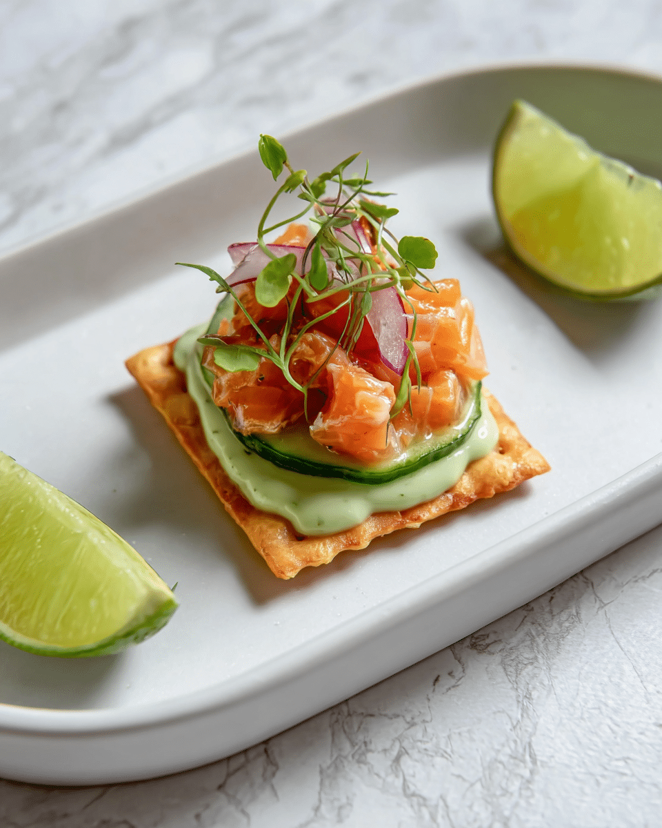 A small square crispy golden cracker is the base of this dish, topped with a thin green cucumber slice. On top of the cucumber, there is a light green creamy sauce with a smooth texture, followed by a pile of small orange raw salmon cubes mixed with thin red onion slices. The top layer consists of small, fresh green sprouts scattered delicately. On the white plate near the cracker are two lime wedges. The plate sits on a white marbled textured surface. photo taken with an iphone --ar 4:5 --v 7