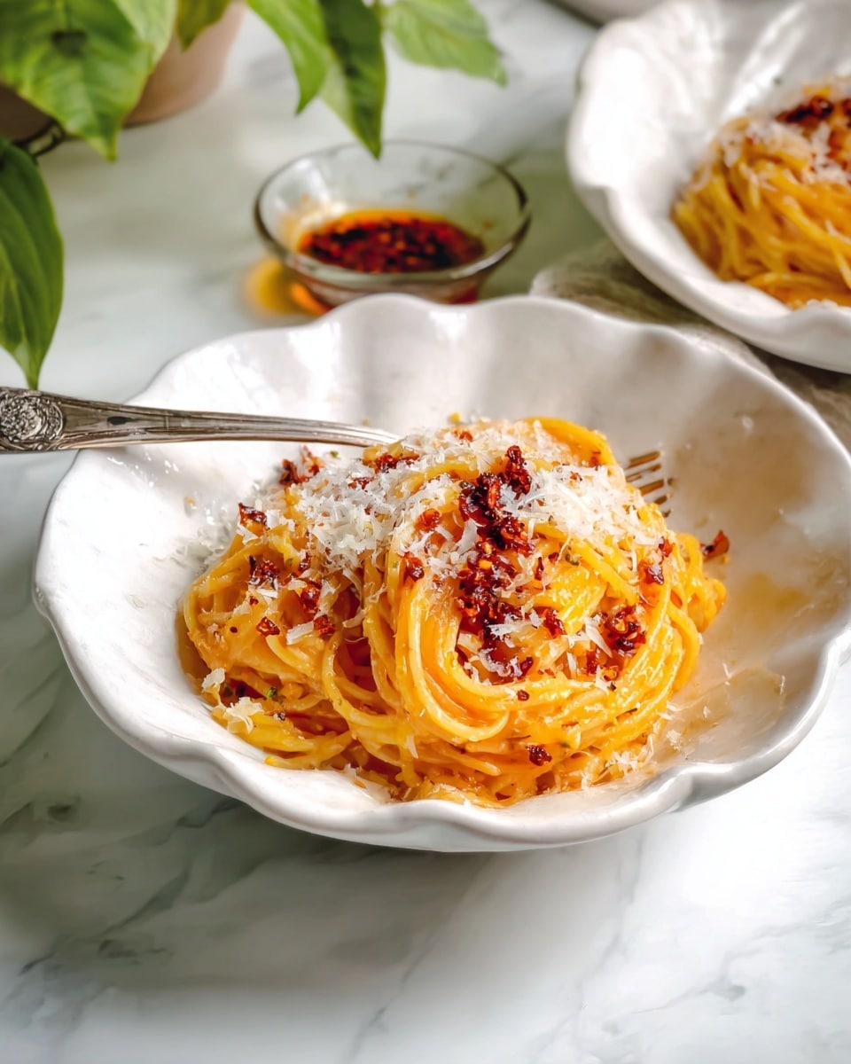 A white scalloped bowl holds a small nest of golden-yellow spaghetti noodles coated in a glossy orange-red sauce. On top, there is a generous layer of finely grated white cheese, and dark red bits of what looks like chili oil or roasted pepper sauce dot the edges. A vintage silver fork rests inside the bowl, leaning against the side, ready to twirl the noodles. The background shows a white marbled surface with a hint of leafy green plant and a small dish with more dark red sauce blurred softly. photo taken with an iphone --ar 4:5 --v 7